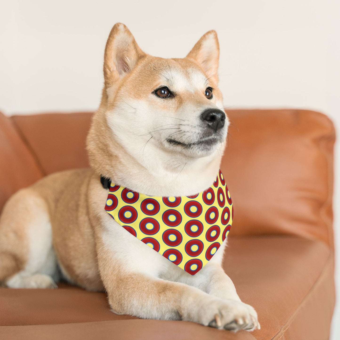 Jim's Lumpy Bandana Pet Collar - vivid red donuts w/yellow background