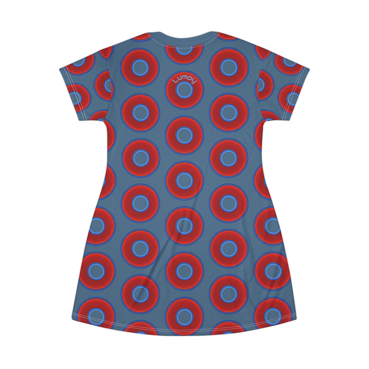 Not a Muumuu AOP Tee Shirt Dress - red vivid donuts w/steel blue background