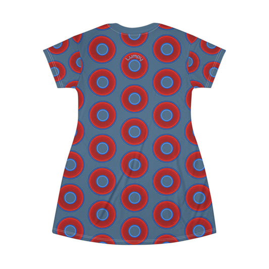 Not a Muumuu AOP Tee Shirt Dress - red vivid donuts w/steel blue background