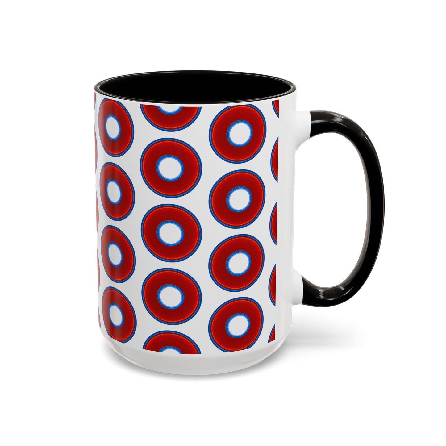 Lump's Grumpy Coffee Mug - vivid red donuts w/white background