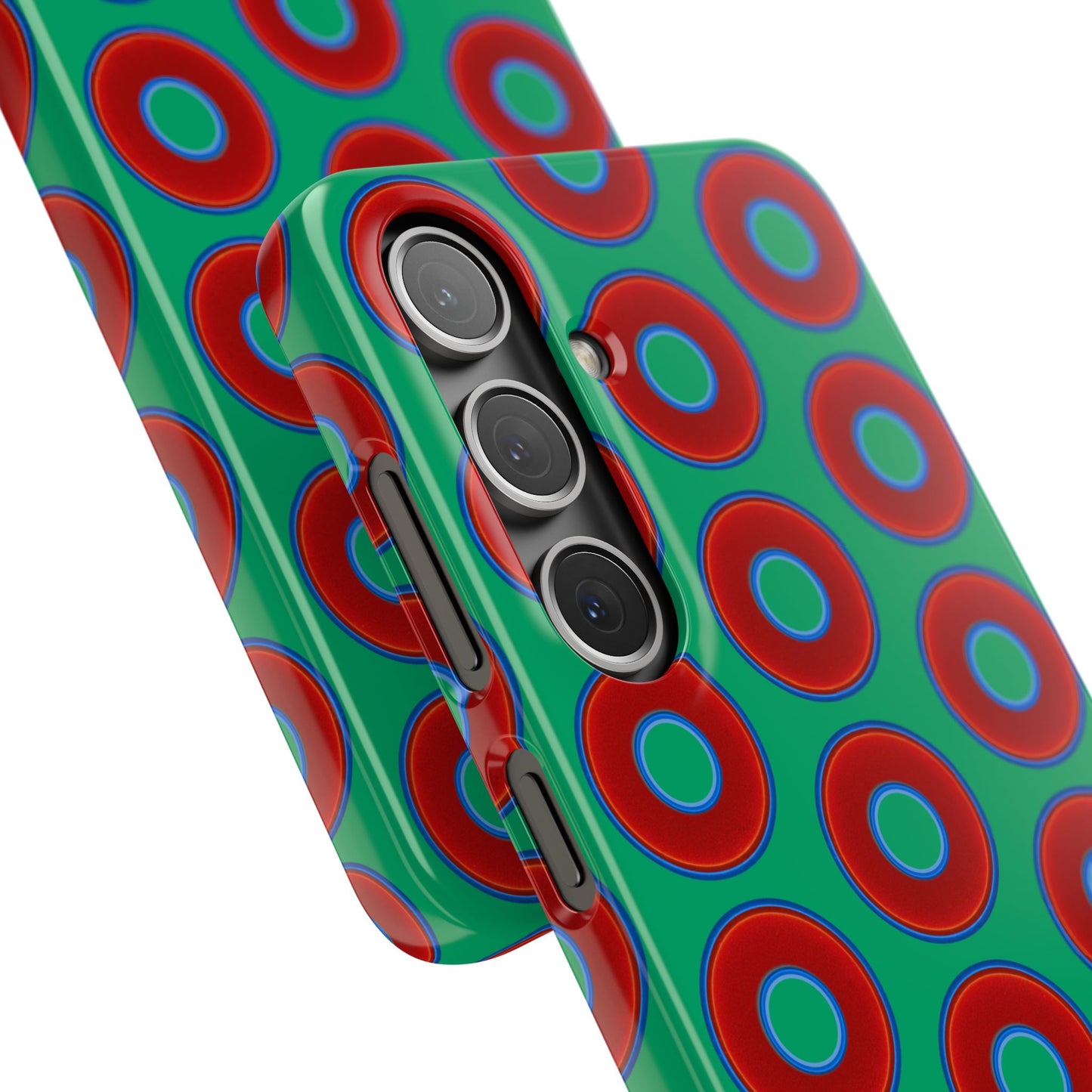 Lumpy Donut Snap Case - red vivid donut print w/jade green background