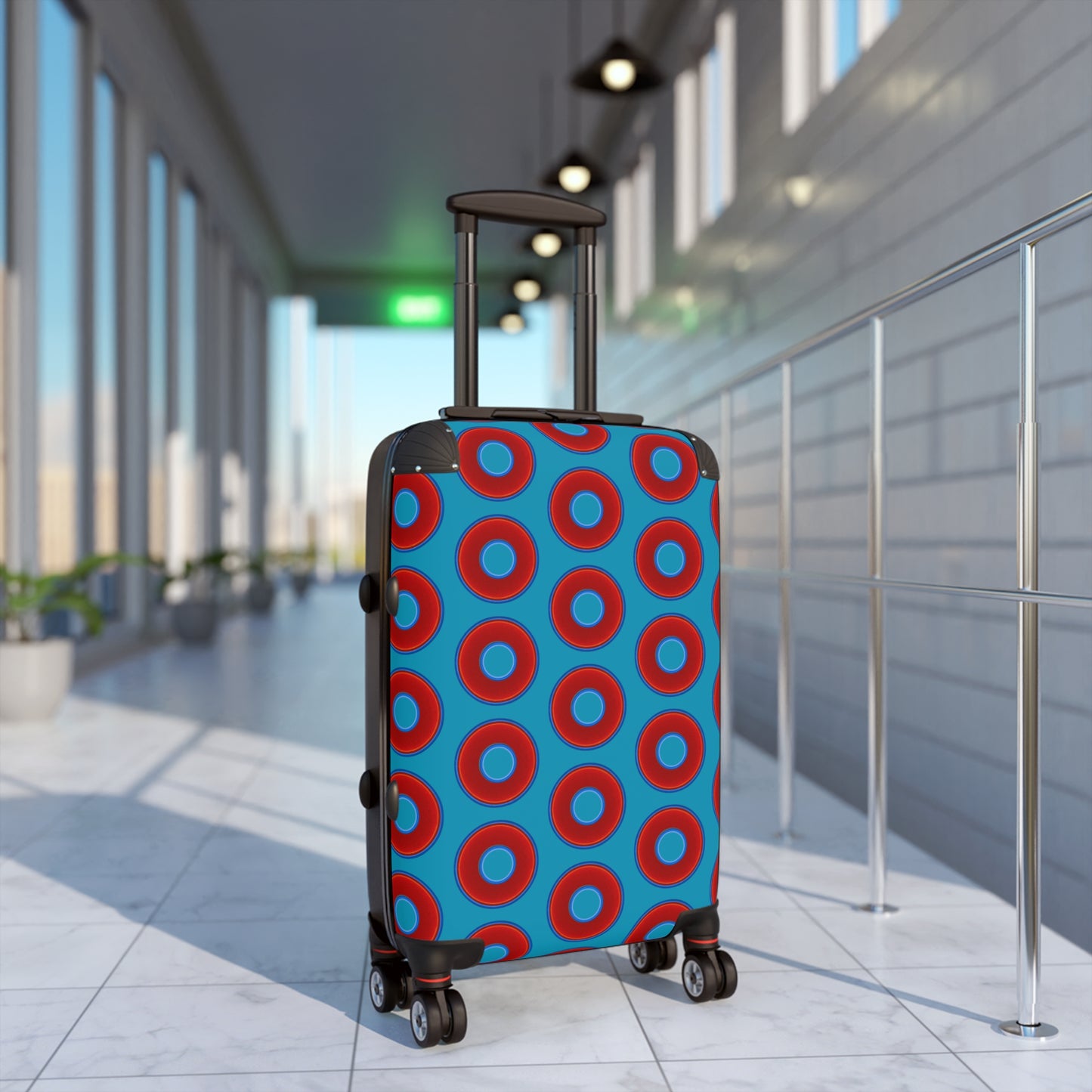 Very Lumpy Donut Suitcase series - your choice of S, M or L - vivid red donut print w/aquamarine blue background