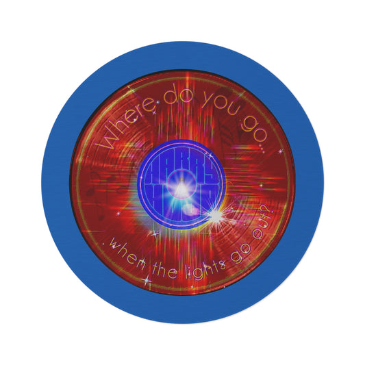 Round Room - 5 ft x 5 ft Lumpy Donut Rug - "Harry's Hoodlum Donut Rug" - vivid red word donut w/dark royal blue background - variant 1