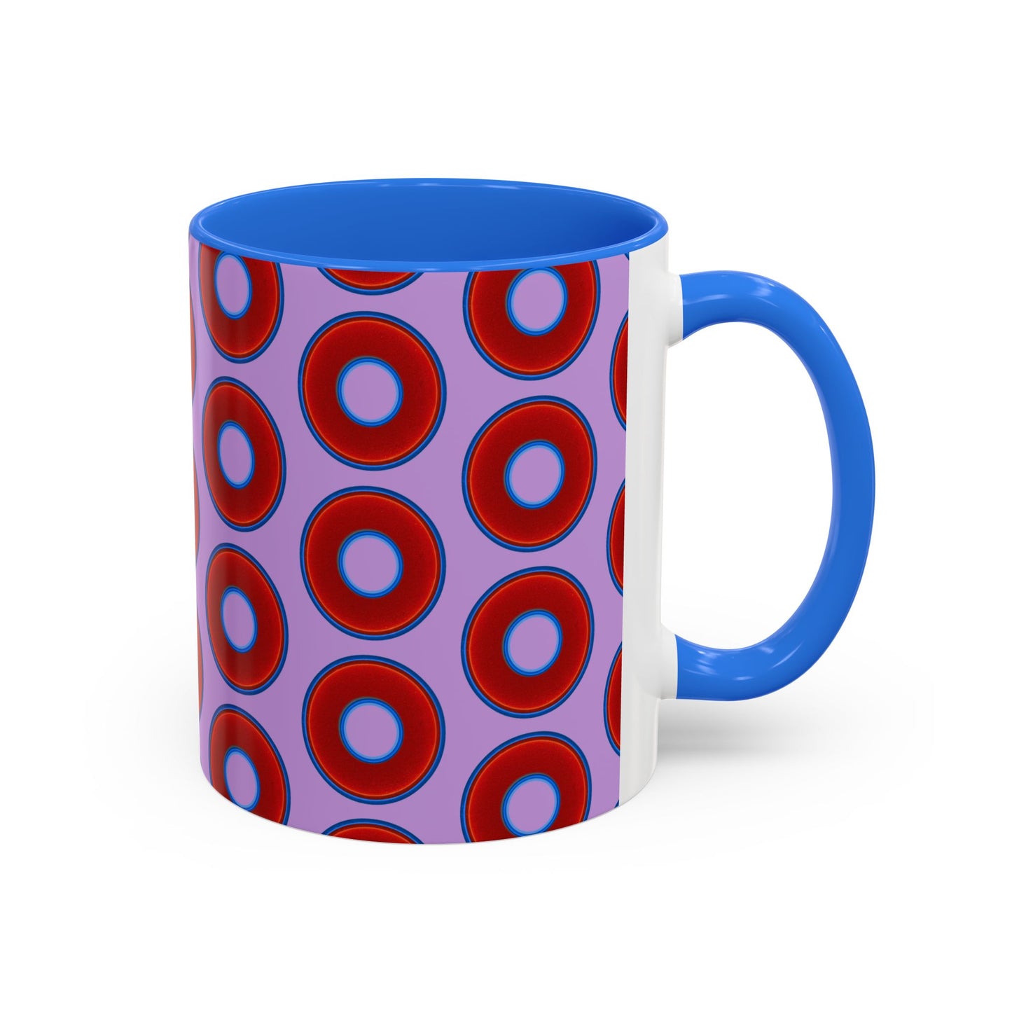 Lump's Grumpy Coffee Mug - vivid red donuts w/wisteria purple background