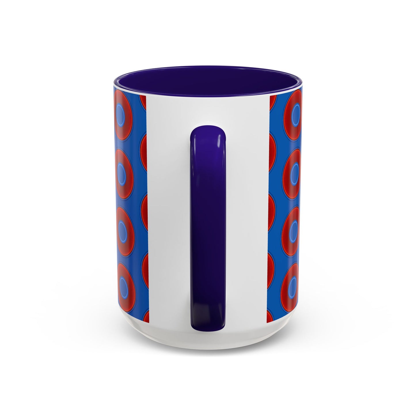 Lump's Grumpy Coffee Mug - vivid red donuts w/dark royal blue background