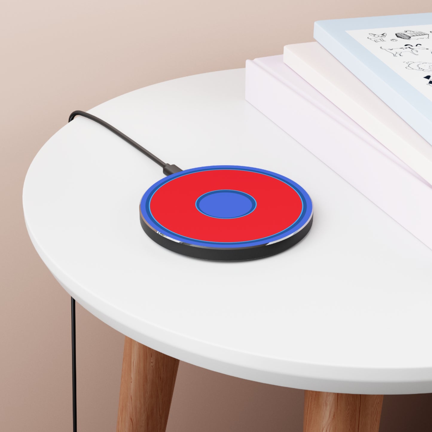 The Flow - Wireless Lumpy Donut Chargers - "Plain Jane Red Donut" - red donut w/royal blue background