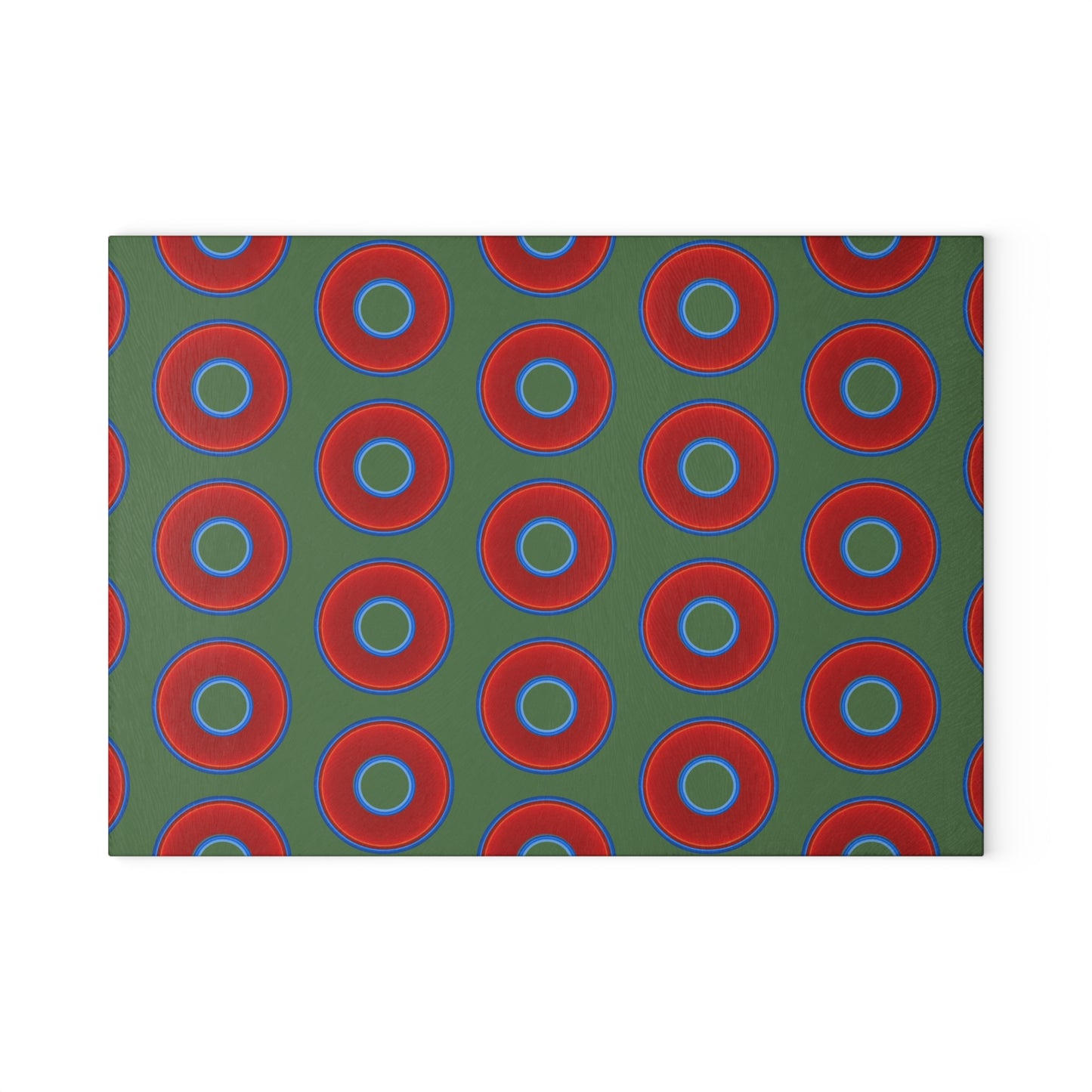 My Friend's Cutting Board - vivid red donuts w/dark green background