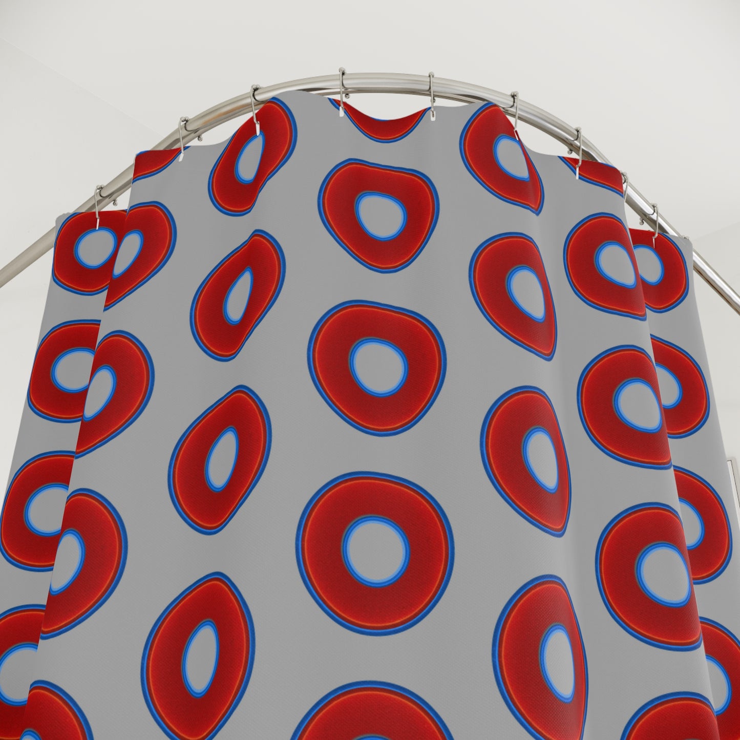 The Curtain With "Donuts" - Lumpy Bath Time Fun - vivid red donuts w/light gray background