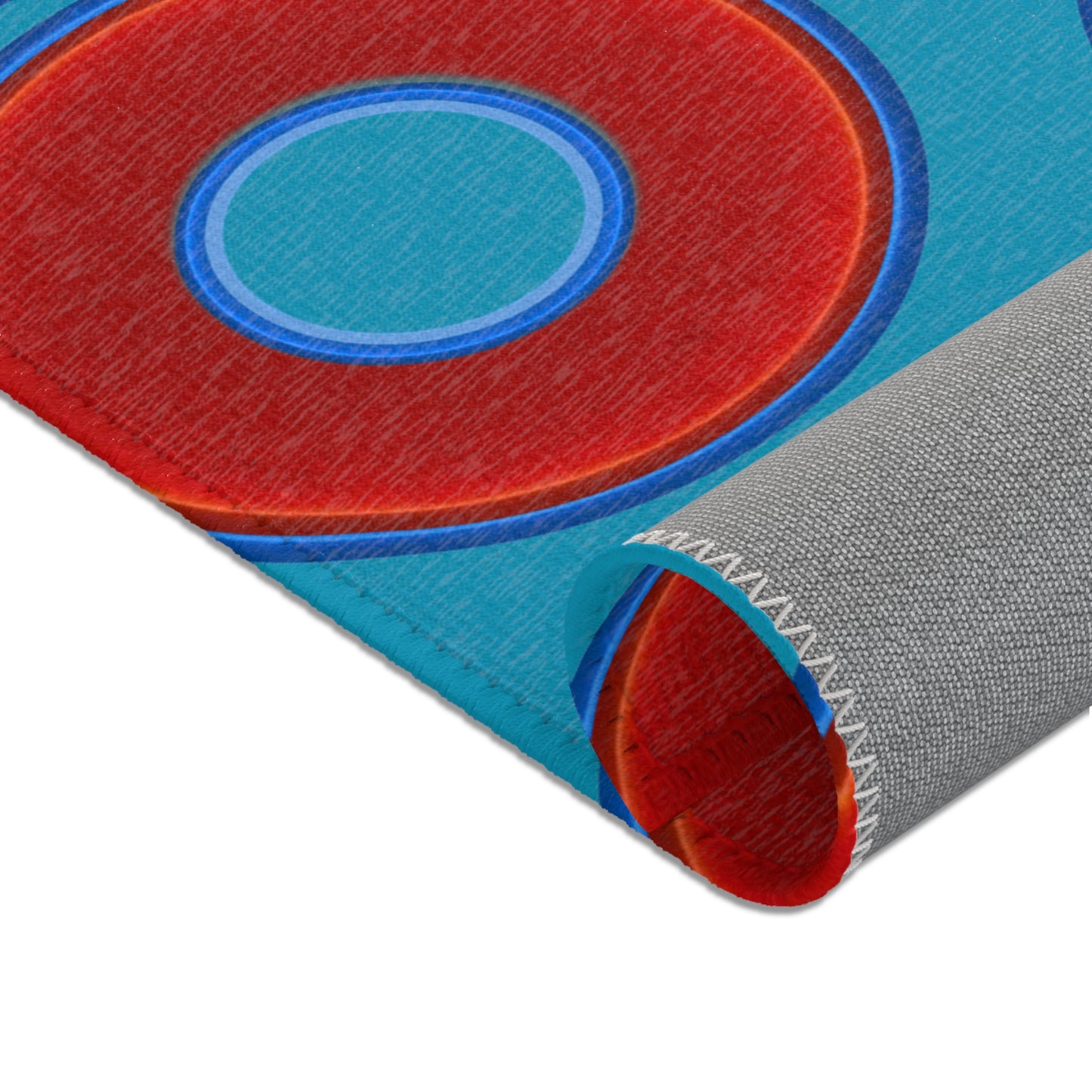 Lumpy Donut Print Rug - choice of 3 sizes - vivid red donut print w/aquamarine blue background
