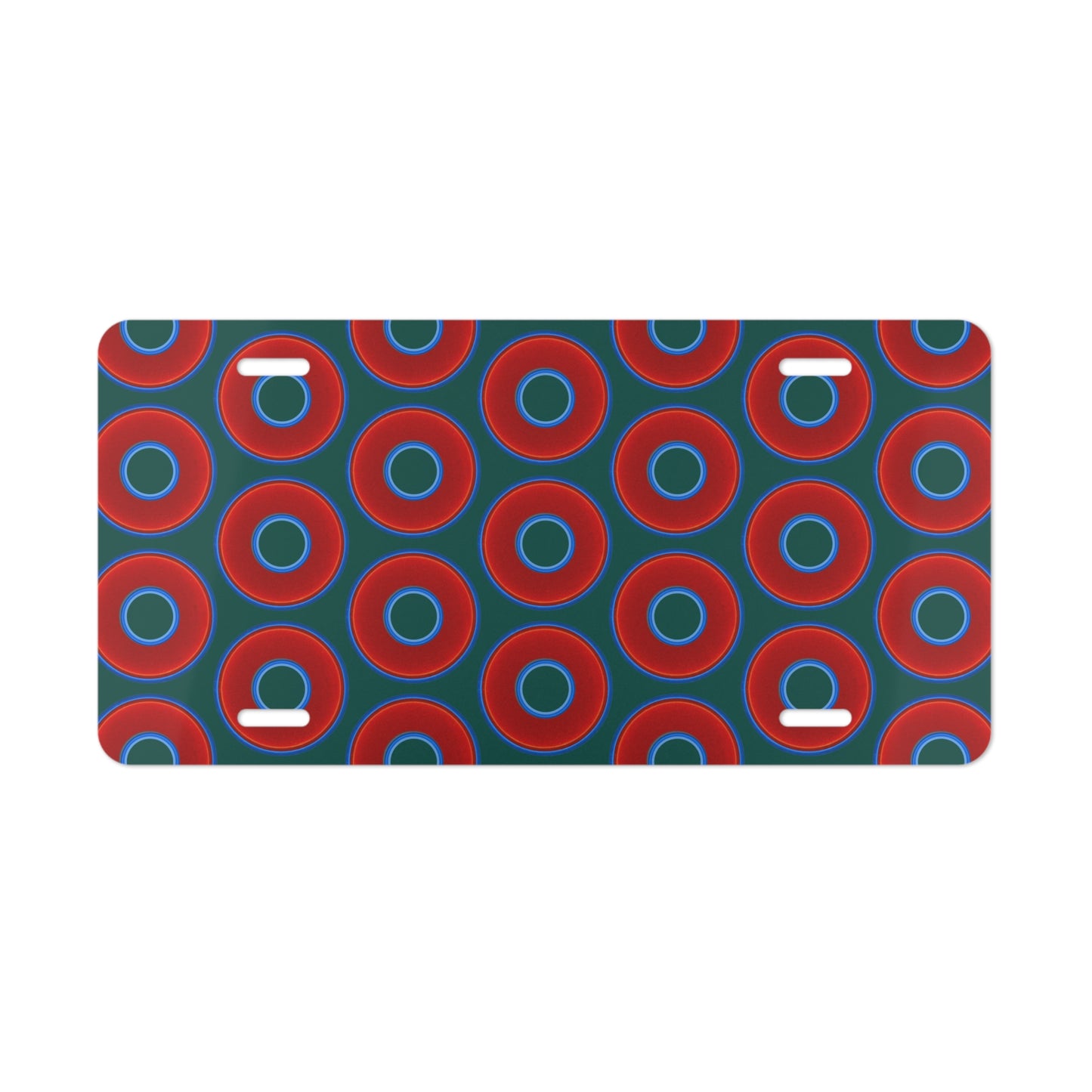 Lumpy Donut Vanity Plate - red vivid donut print w/dark Fenway green background