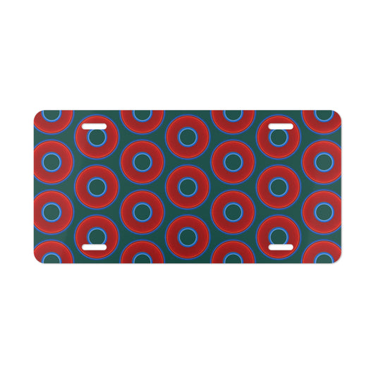 Lumpy Donut Vanity Plate - red vivid donut print w/dark Fenway green background