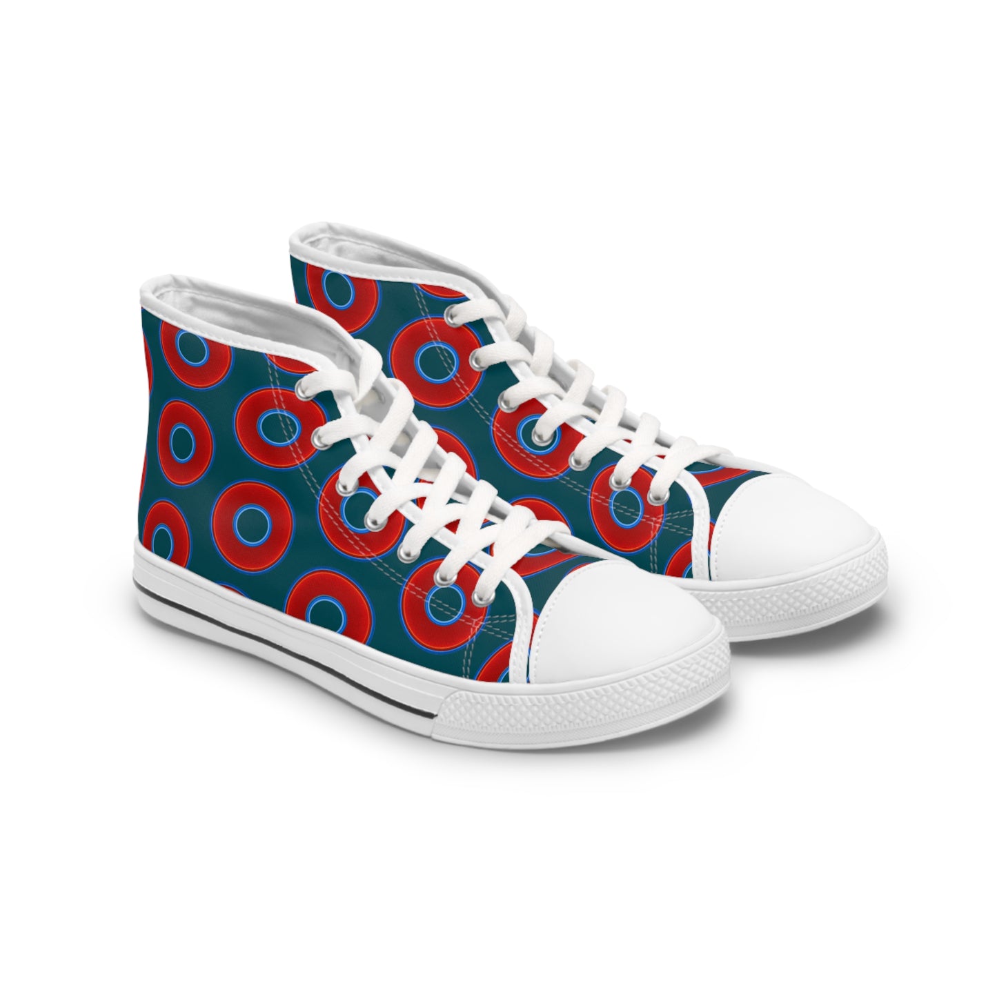 Women's High Top Chuck Taylors - large vivid red donut print w/midnight teal green background