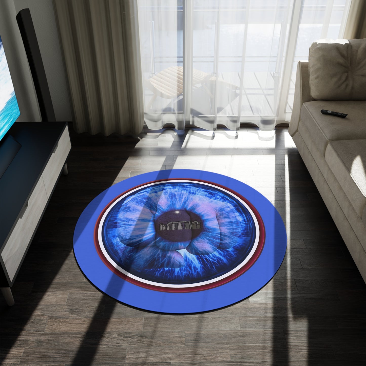 Round Room - 5 ft x 5 ft Lumpy Donut Rug - "Wilson's Eyesore of a Donut Rug" - blue/red idonut w/royal blue background - variant 3