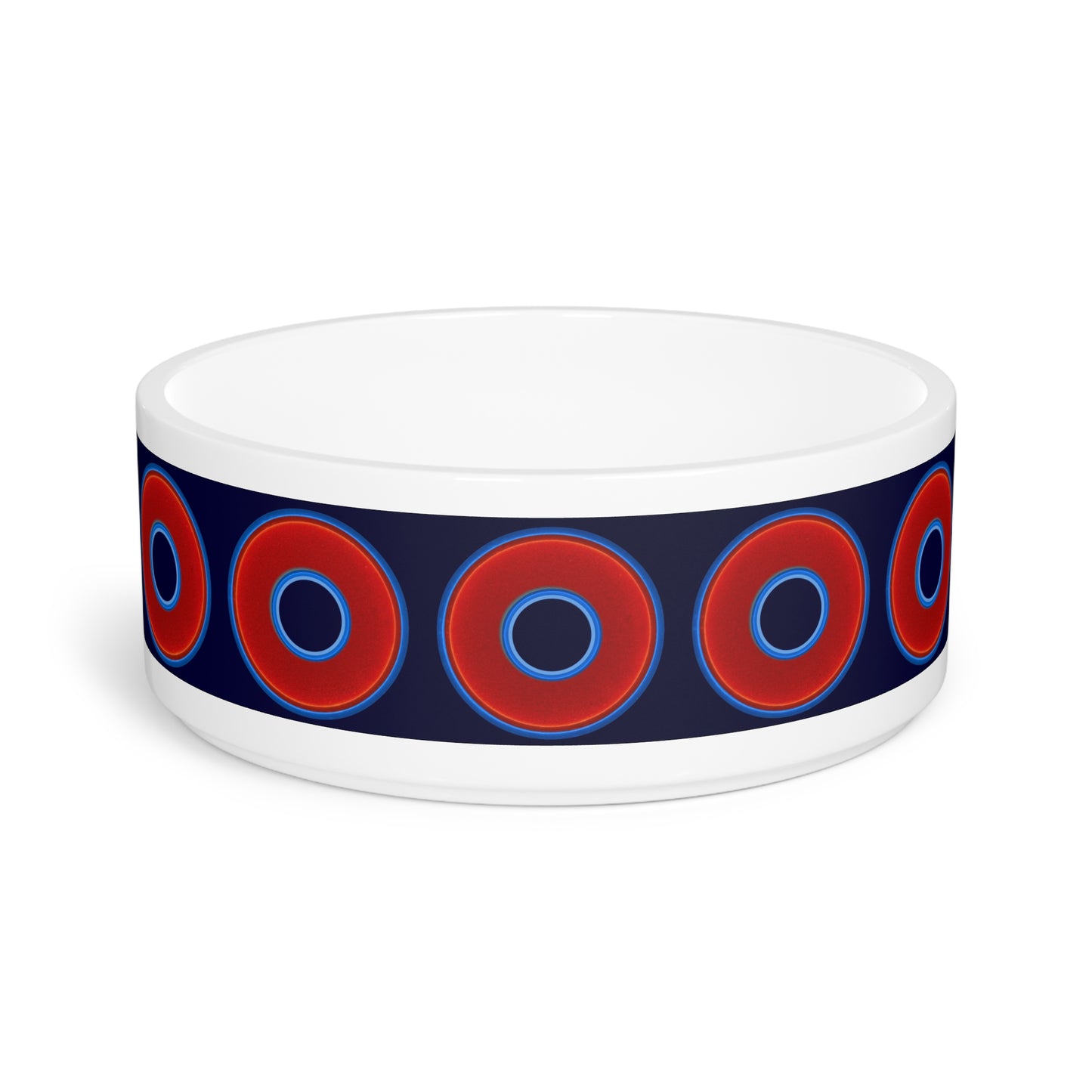 16 oz Lumpy Pet Bowl - vivid red donuts w/dark blue background
