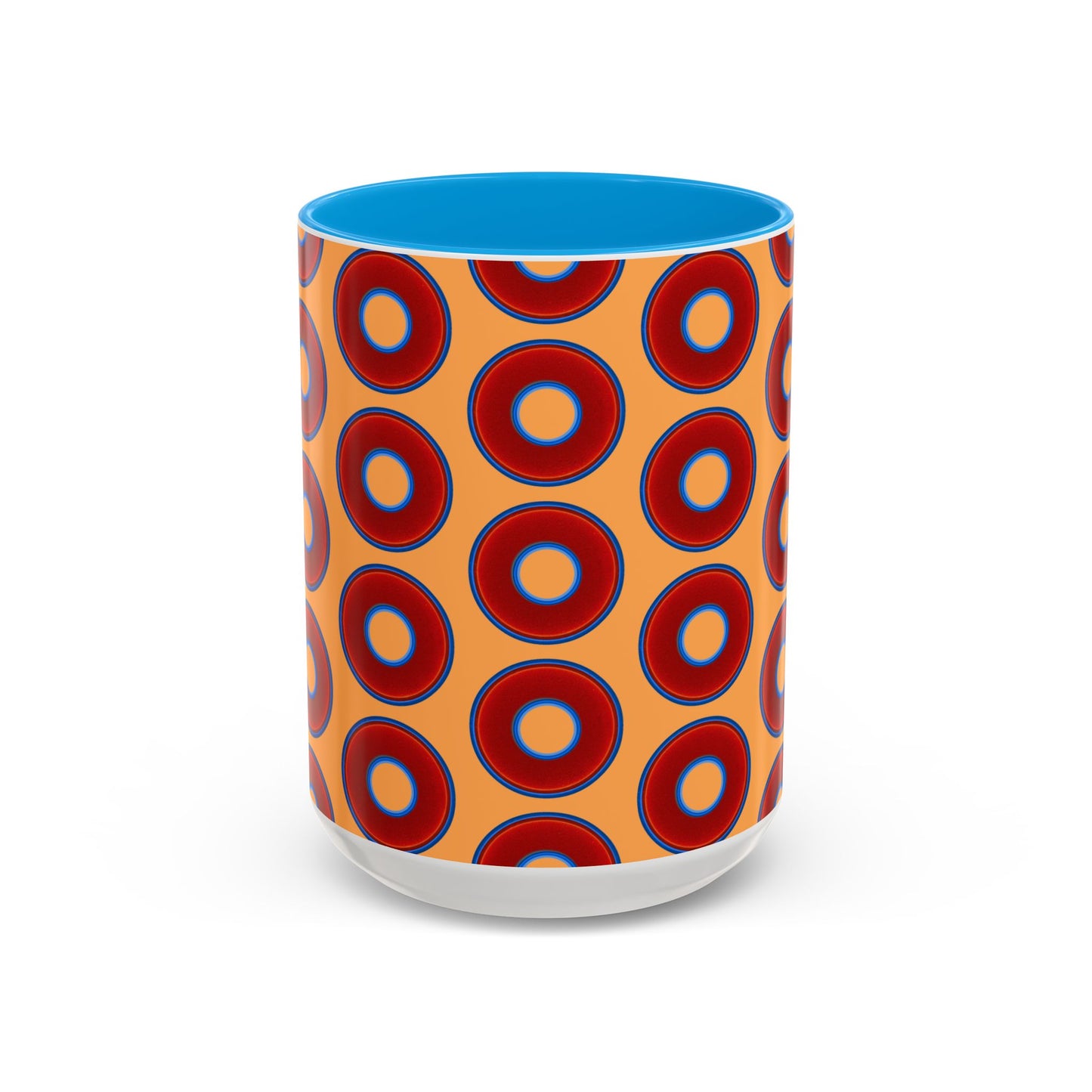 Lump's Grumpy Coffee Mug - vivid red donuts w/creamsicle orange background