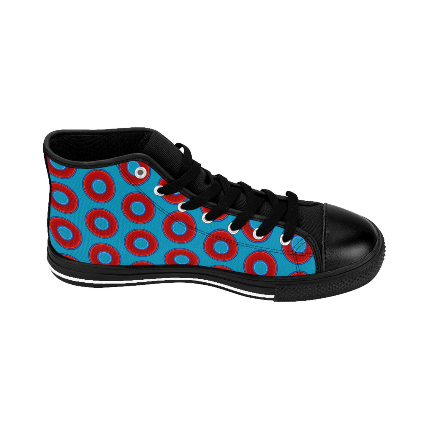 Cushiony Convectors - High Tops - red vivid donuts w/aquamarine blue background