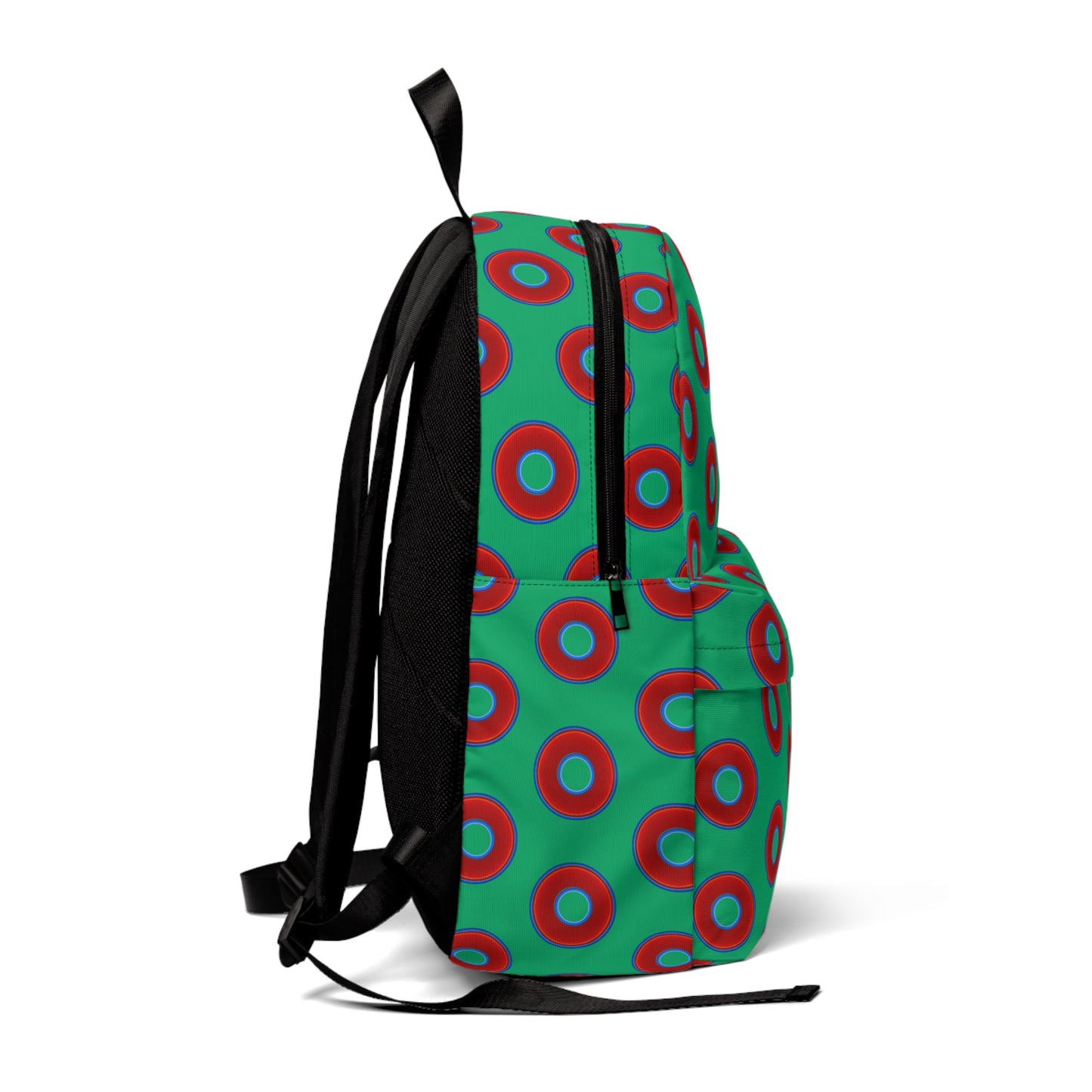 Donut Backpack - red vivid donuts w/jade green background