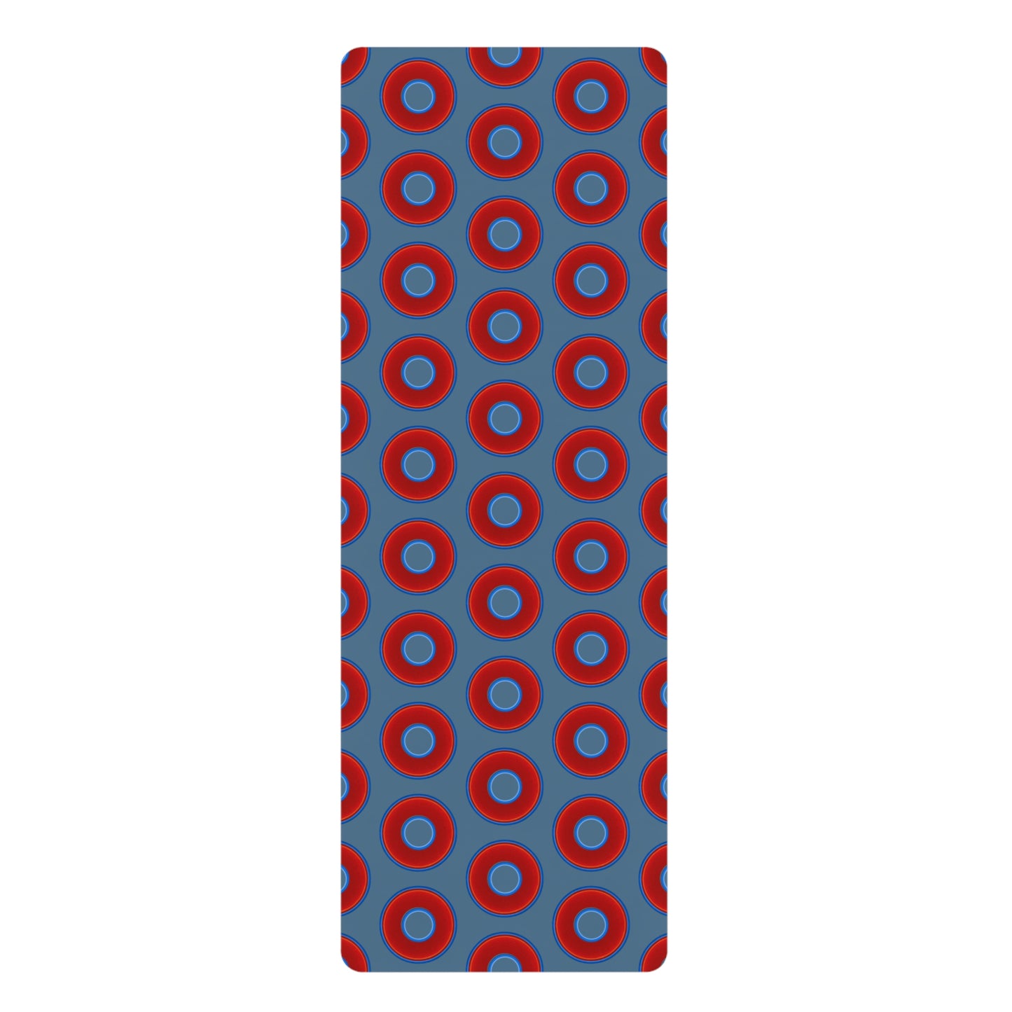 Lumpy Donut Yoga Mat :) - 24″ x 70" - vivid red donut print w/steel blue background