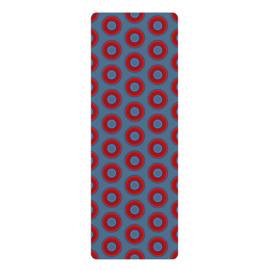 Lumpy Donut Yoga Mat :) - 24″ x 70" - vivid red donut print w/steel blue background