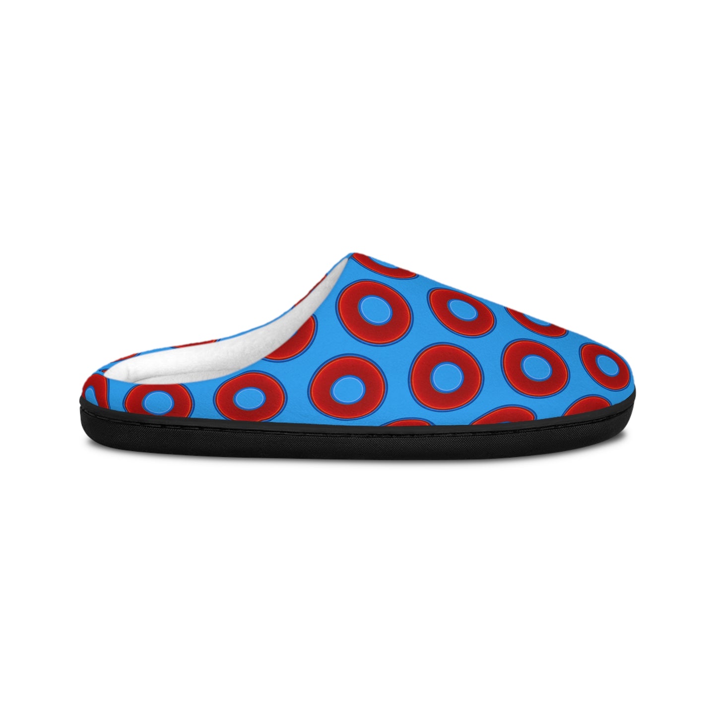 Women's Lumpy Slippers - red vivid donut print w/sky royal blue background