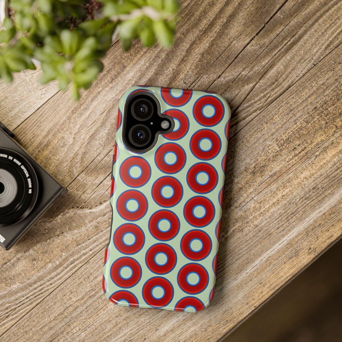 Magnetic Tough Donut Case - red vivid donut print w/seafoam green background