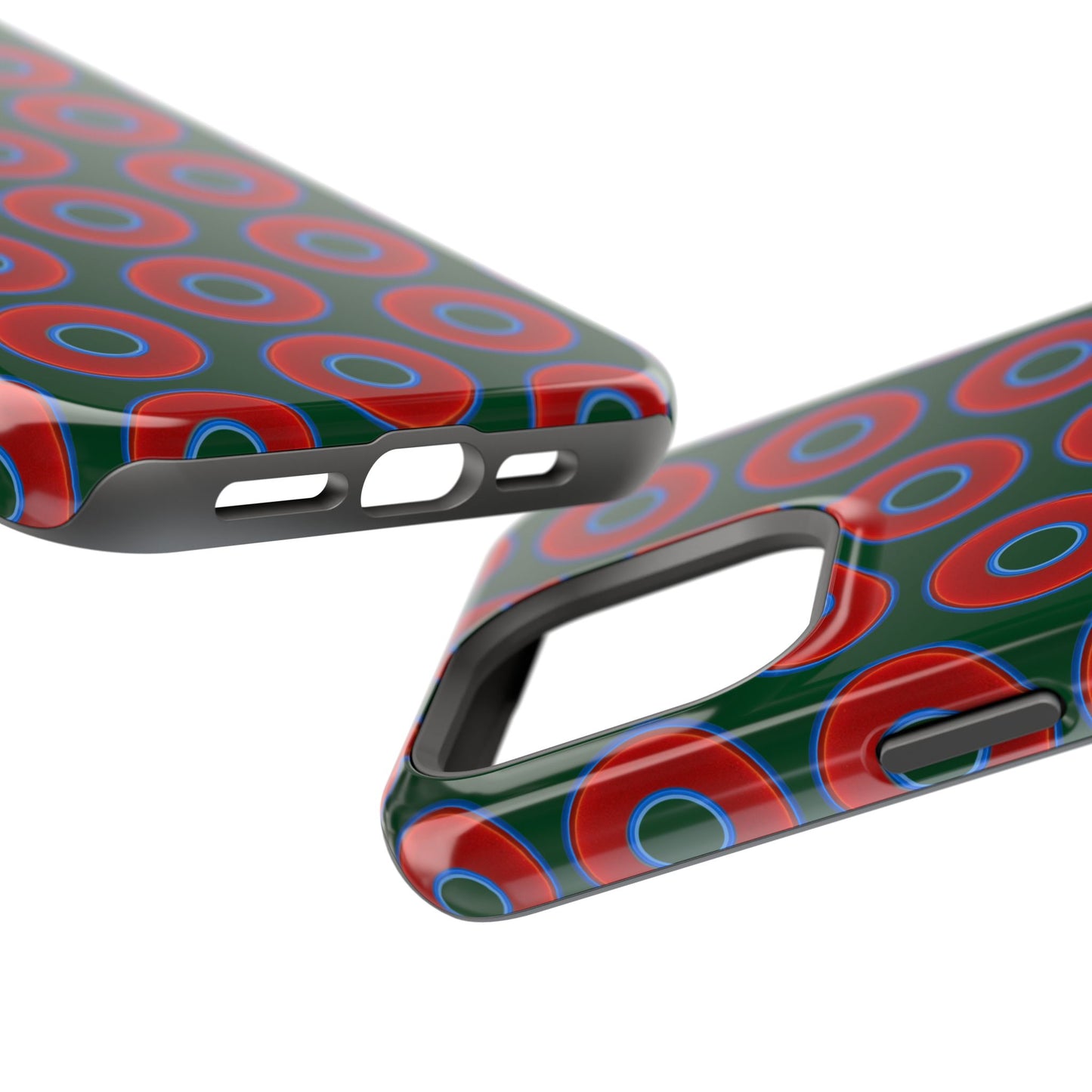 Impact-Resistant Lumpy Donut Case - red vivid donut print w/dark pond green background