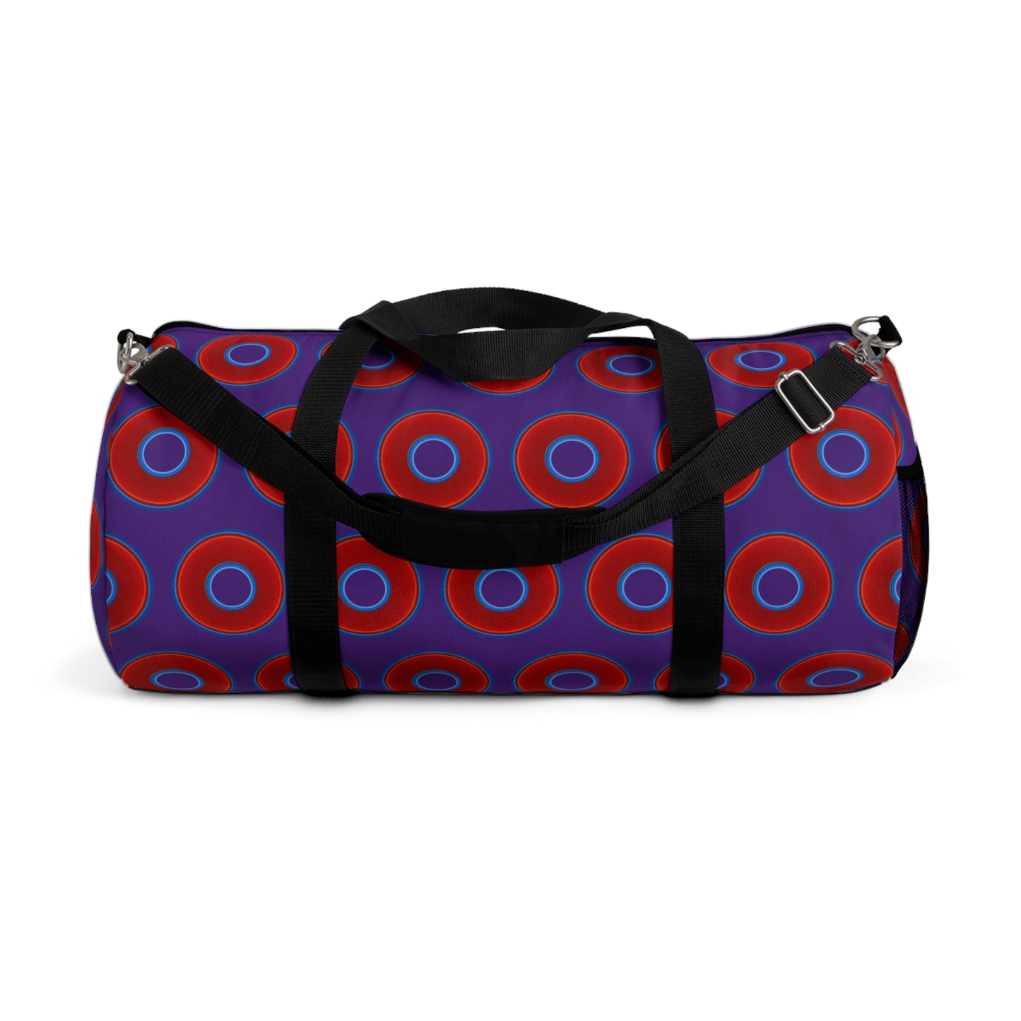 Lumpy Duffel - vivid red donuts w/dark purple background