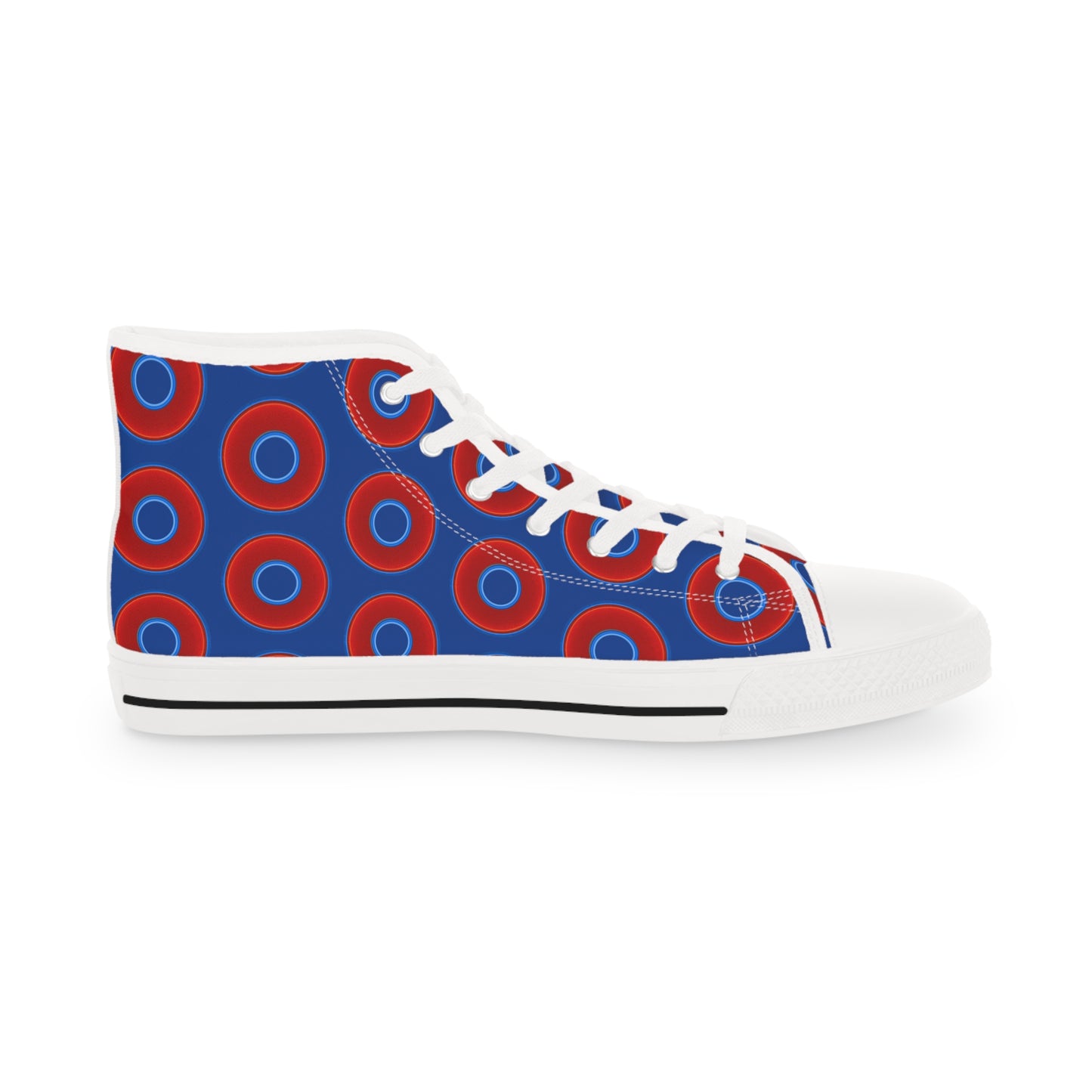 Men's High Top Chucks - large vivid red donut print w/dark blue background