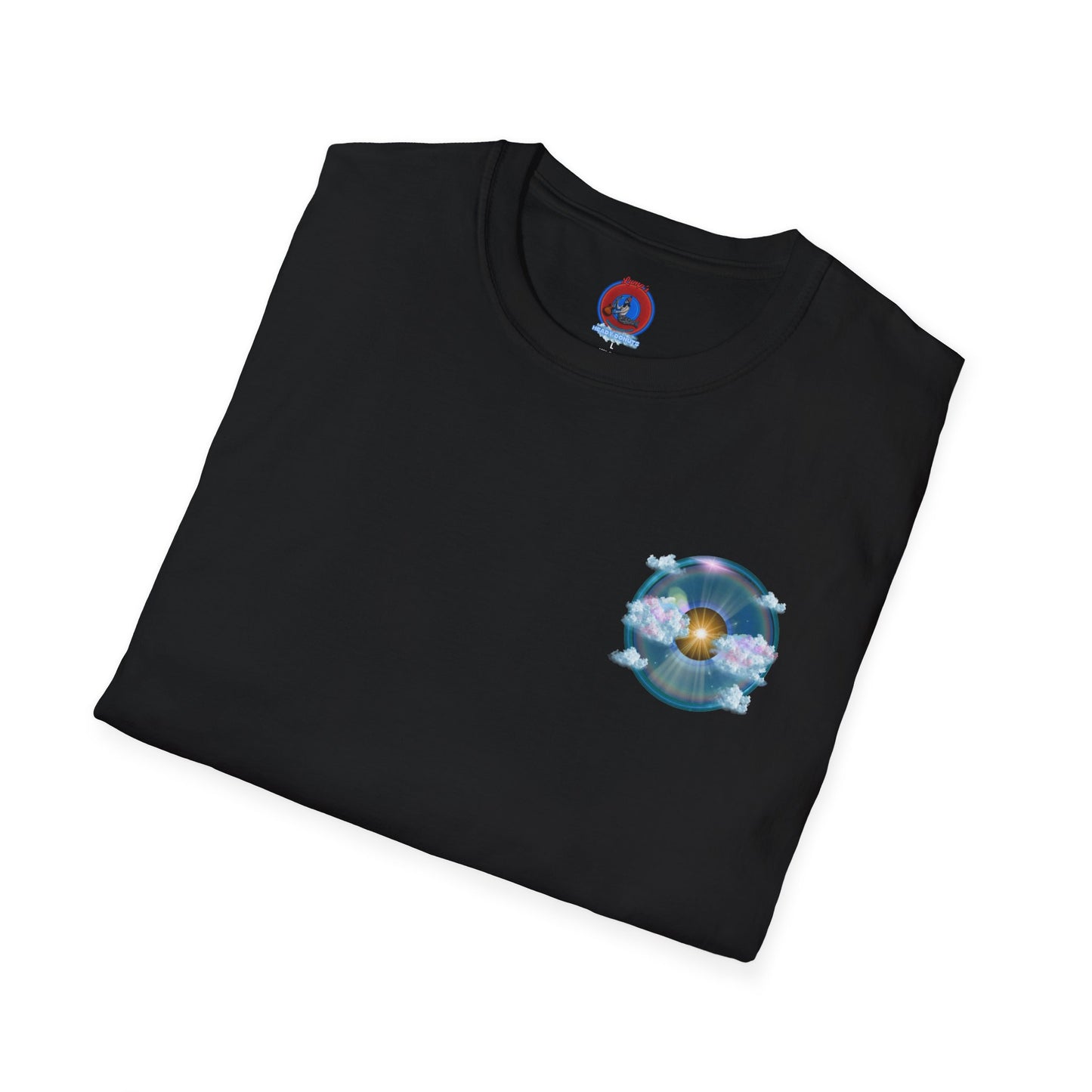 Classic Donut Tee - Unisex Soft-Style - "The Divided Donut" - variant 2 - blue donut  w/hole & sun [*50% to The Divided Sky Foundation]