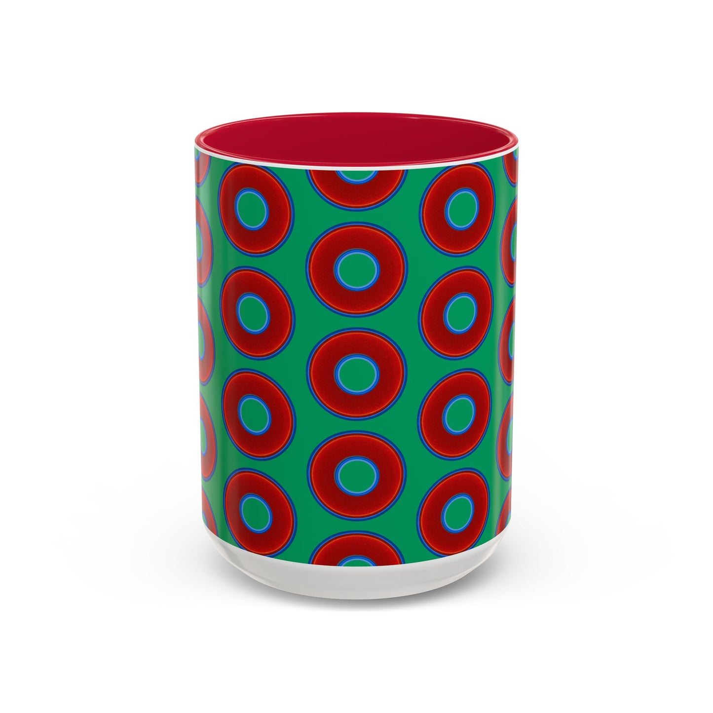 Lump's Grumpy Coffee Mug - vivid red donuts w/jade green background