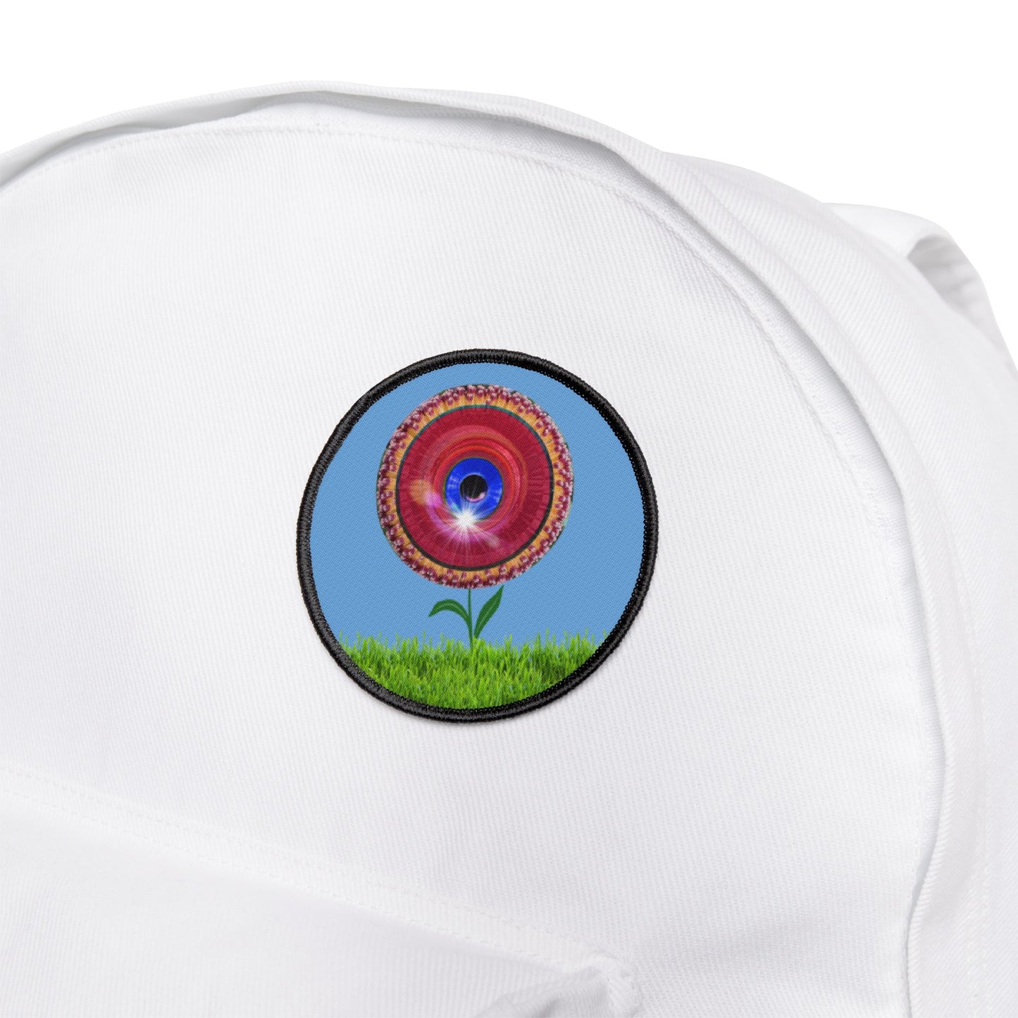 Iron-On Donut Patch - "Smell The Donut Patches" - vivid red flour donut - variant 2