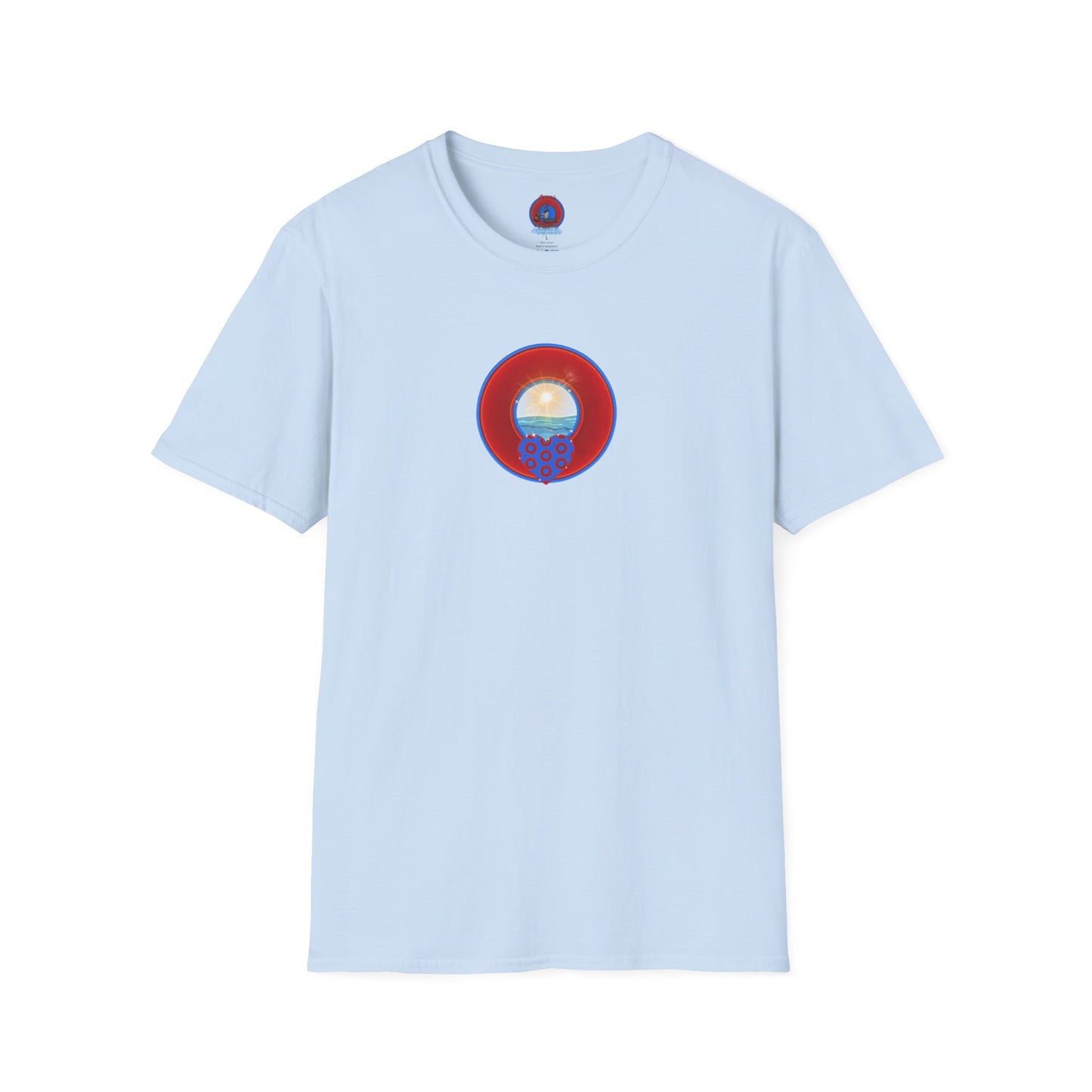 Classic Donut Tee - Unisex Soft-Style - "Ocean Donuts of Love" - vivid red donut - w/sun - variant 2