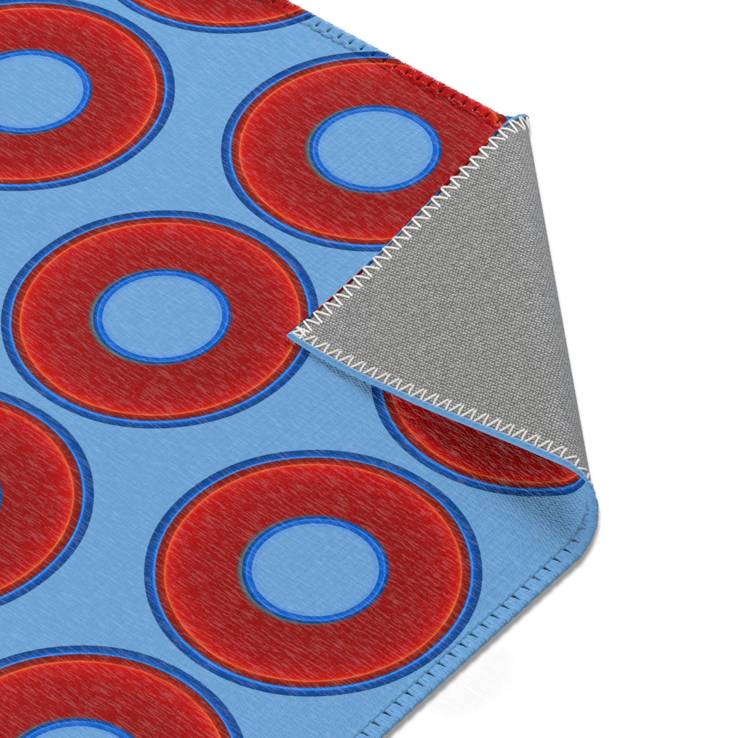 Lumpy Donut Print Rug - choice of 3 sizes - vivid red donut print w/light blue background