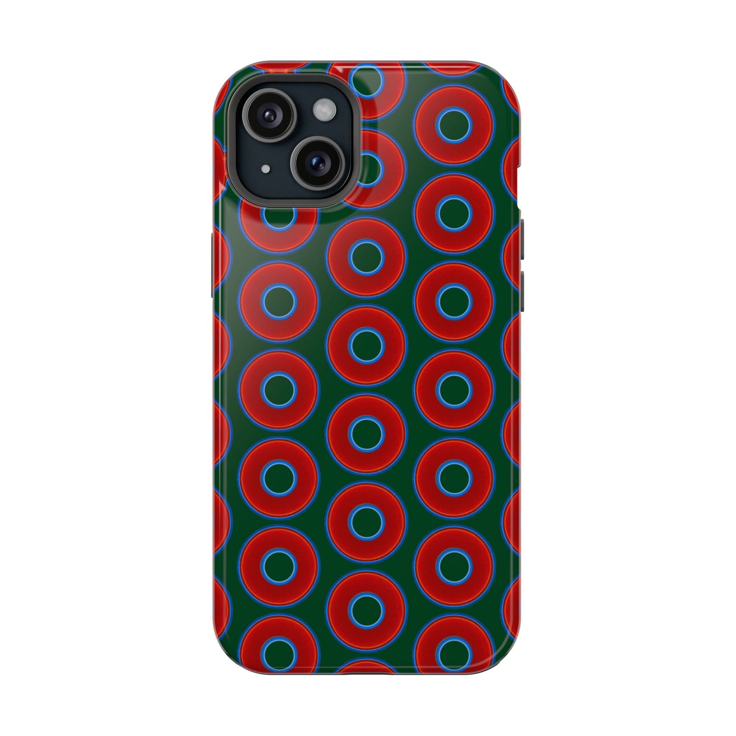 Magnetic Tough Donut Case - red vivid donut print w/deep pond green background