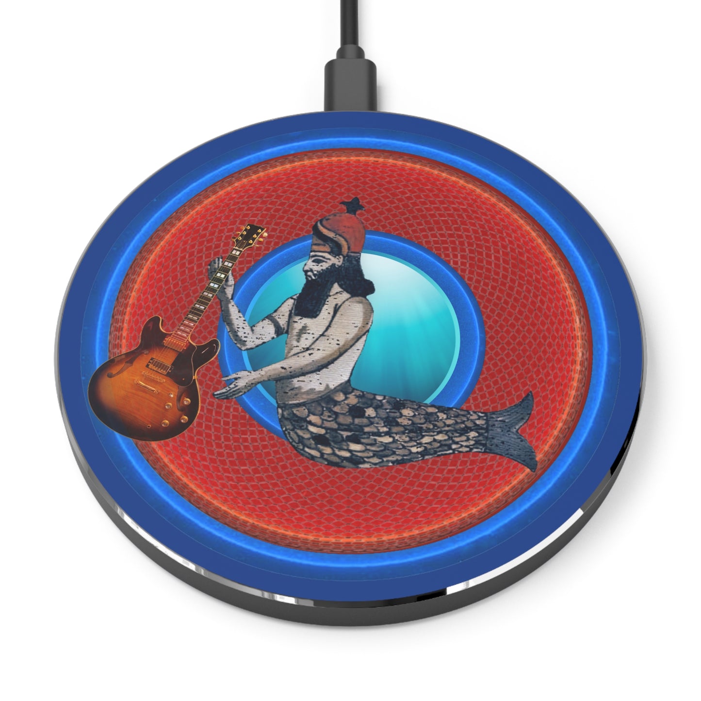 The Flow - Wireless Lumpy Donut Chargers - "Doggone Dagon Donut Charger" - rustic red donut w/dark blue background - variant 3