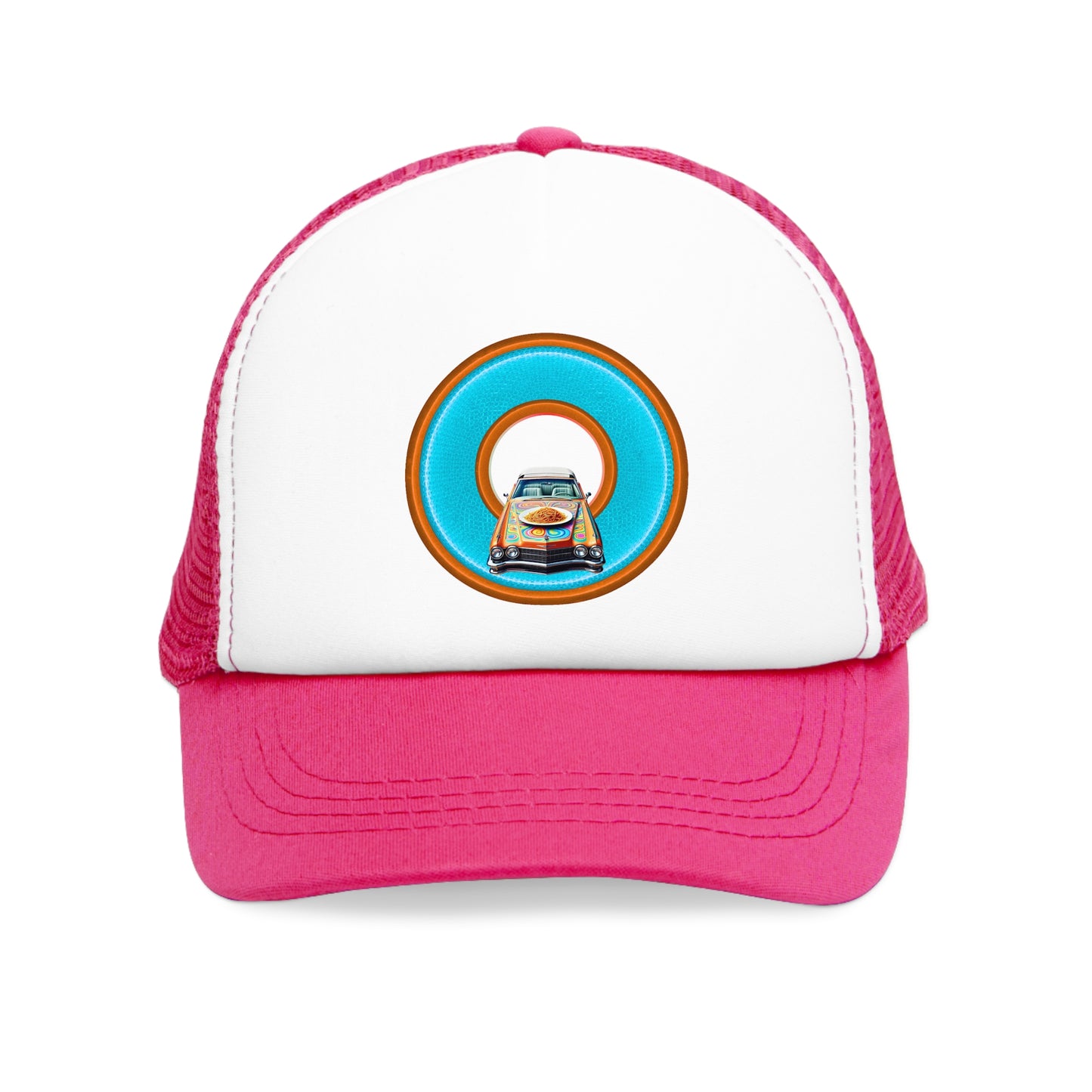Lumpy Trucker Hat - "Cadillac Rainbows & Eating on the Run" - variant 3 - turquoise/orange donut