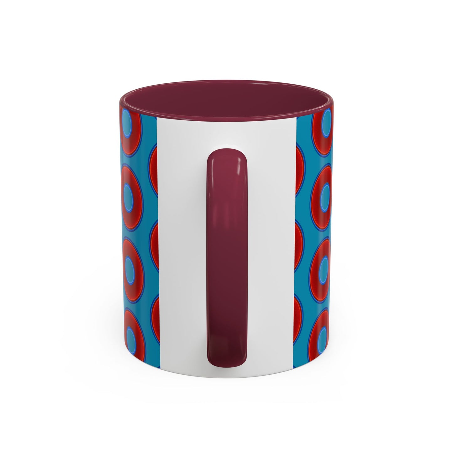 Lump's Grumpy Coffee Mug - vivid red donuts w/aquamarine blue background