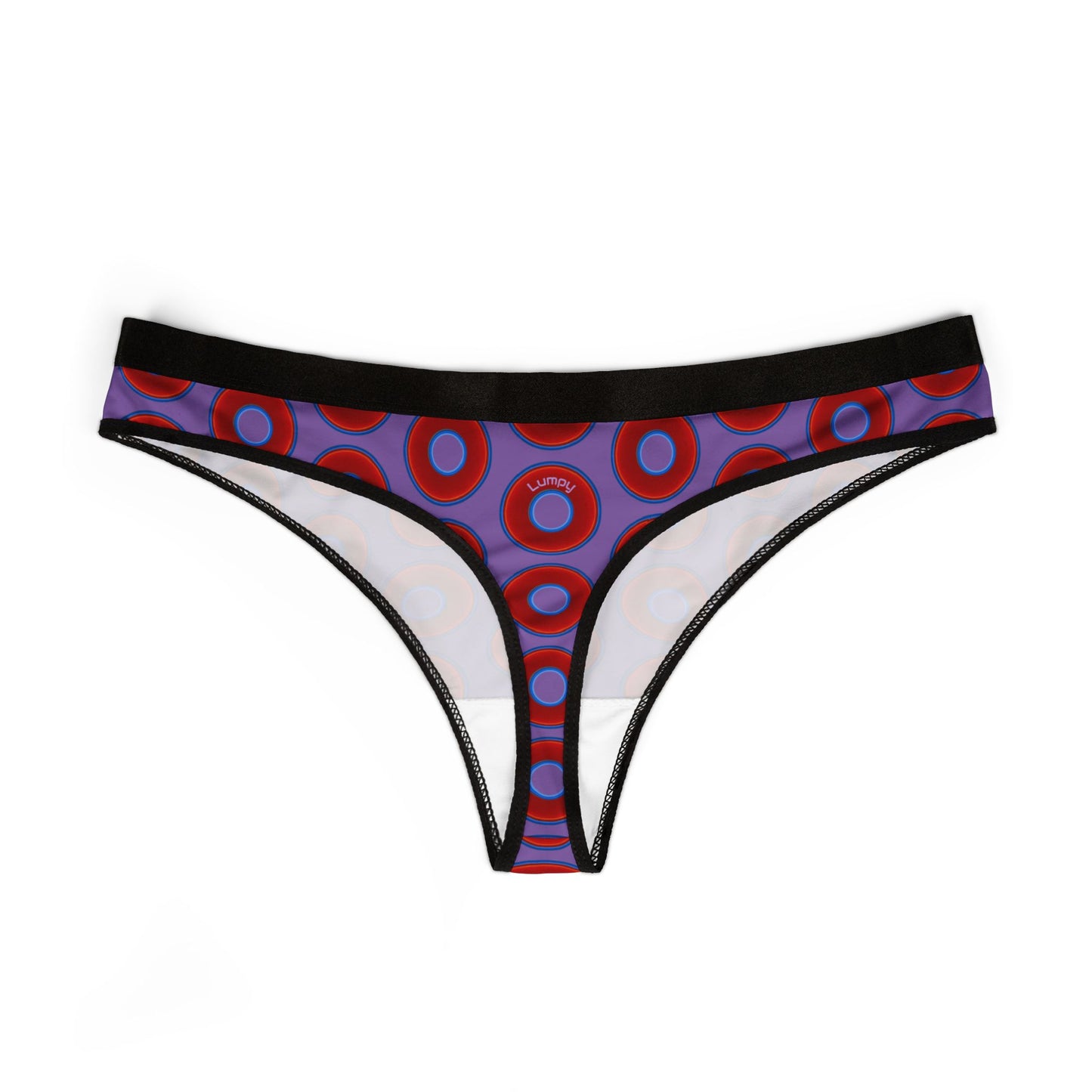 Lumpy Donut Thongs - red vivid donut print w/light purple background