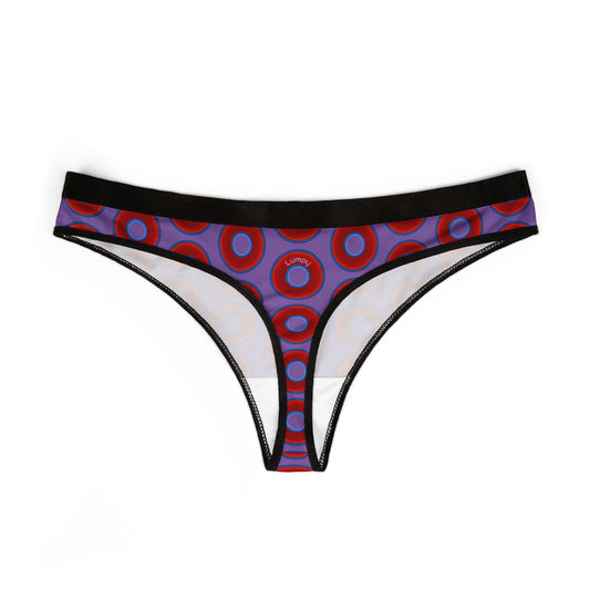 Lumpy Donut Thongs - red vivid donut print w/light purple background