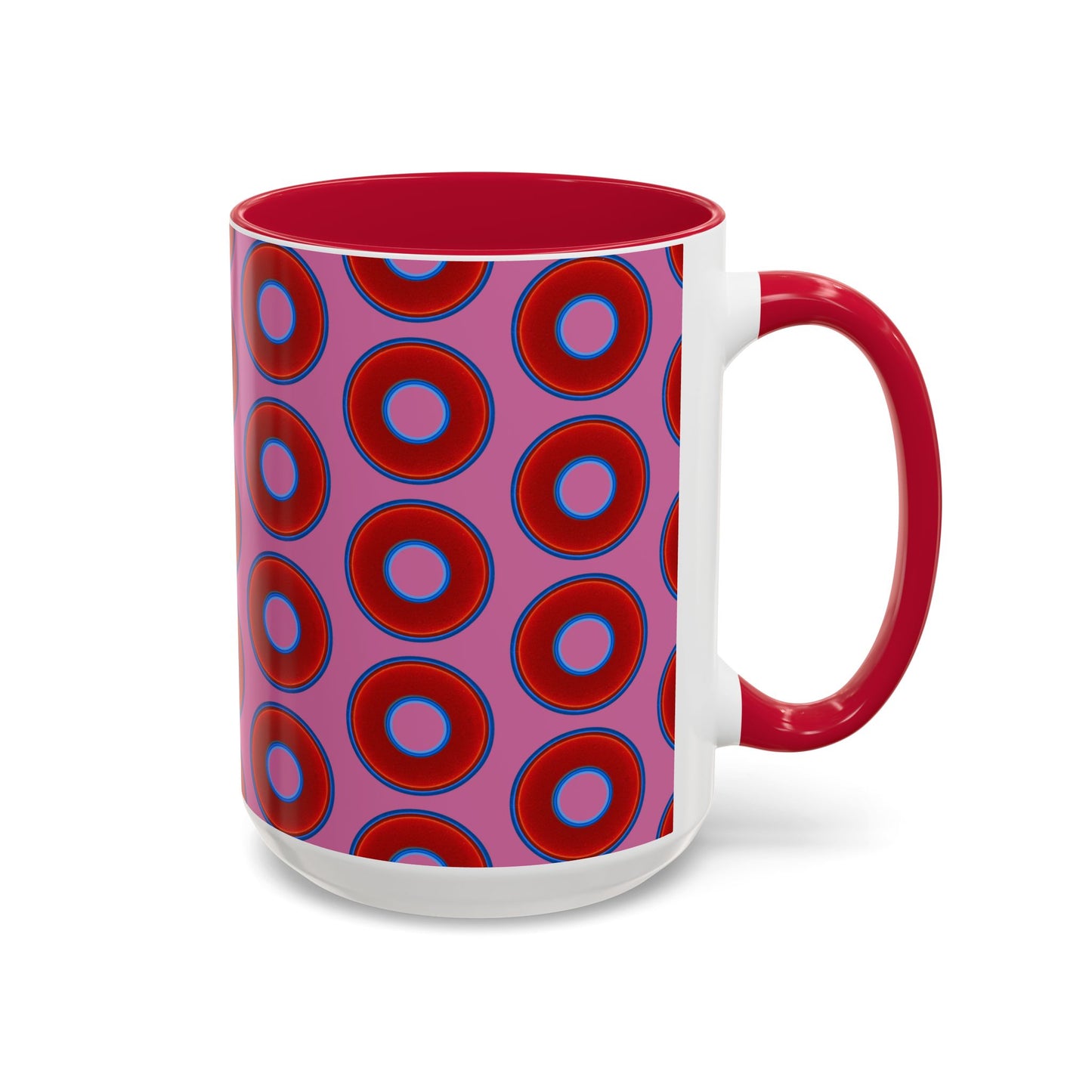 Lump's Grumpy Coffee Mug - vivid red donuts w/pink background
