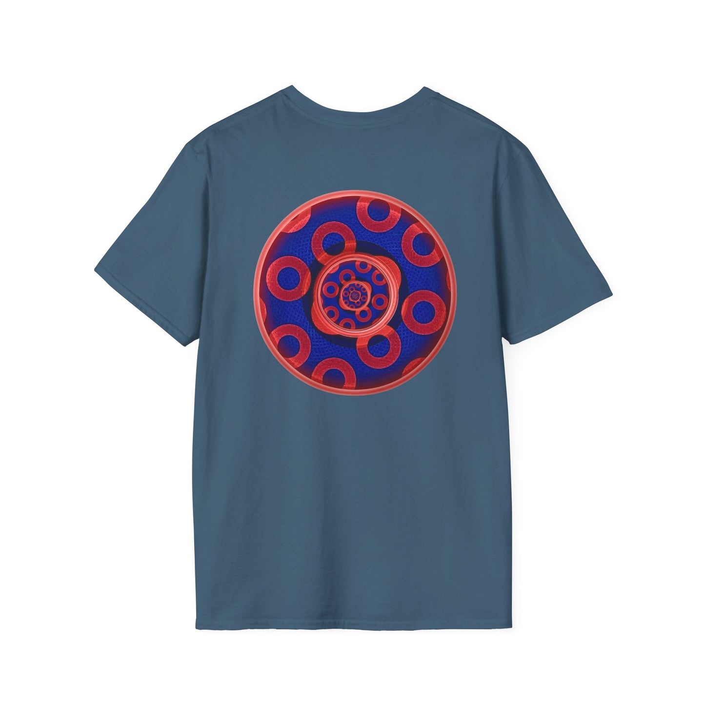 Classic Donut Tee - Unisex Soft-Style - "Kaleidoscope Abyss of Donut" - paradoxical print - variant 2 - series 1.0 - donut vortex - red/blue