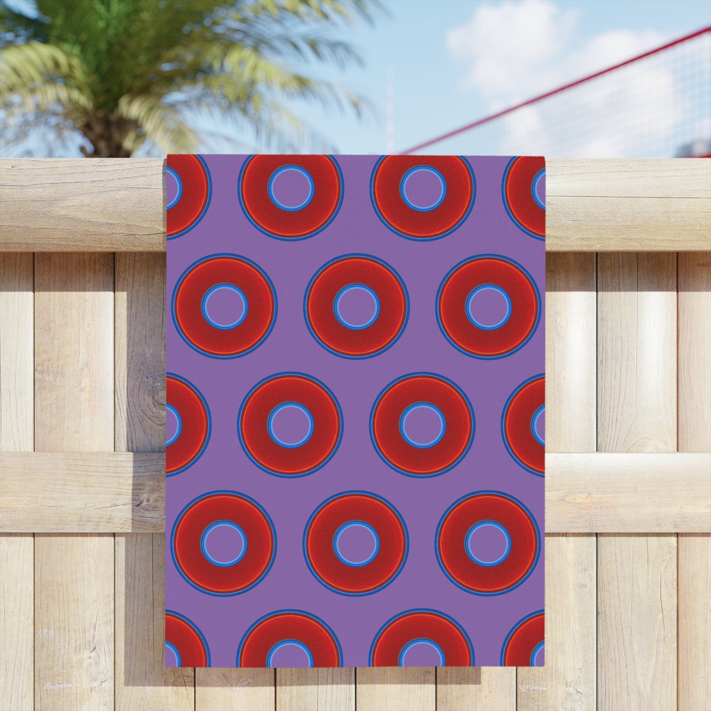 Lumpy Donut Towels - vivid red donuts w/light purple background