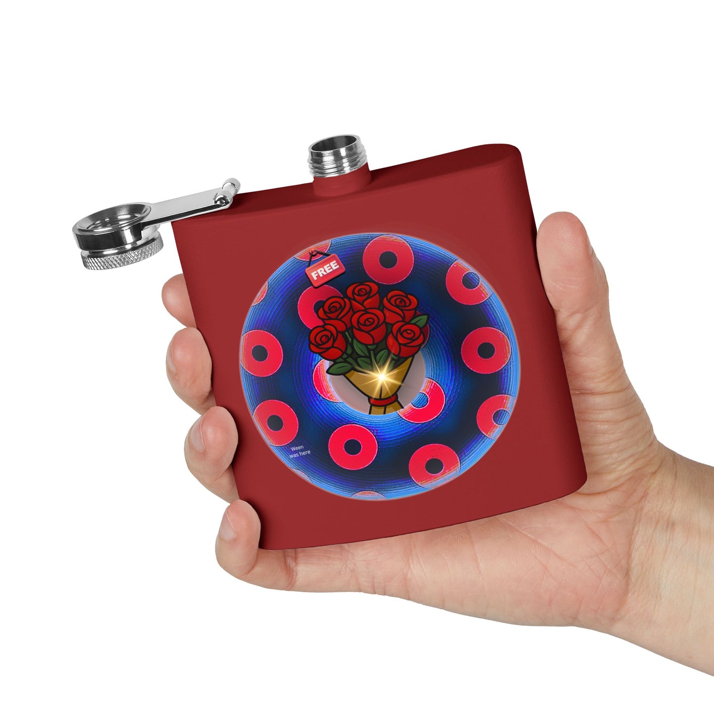 Lump's Donut Flask 6 oz -  "Donuts R Phree" - red/blue rustic donut - [*w/your choice of 6 backgrounds]