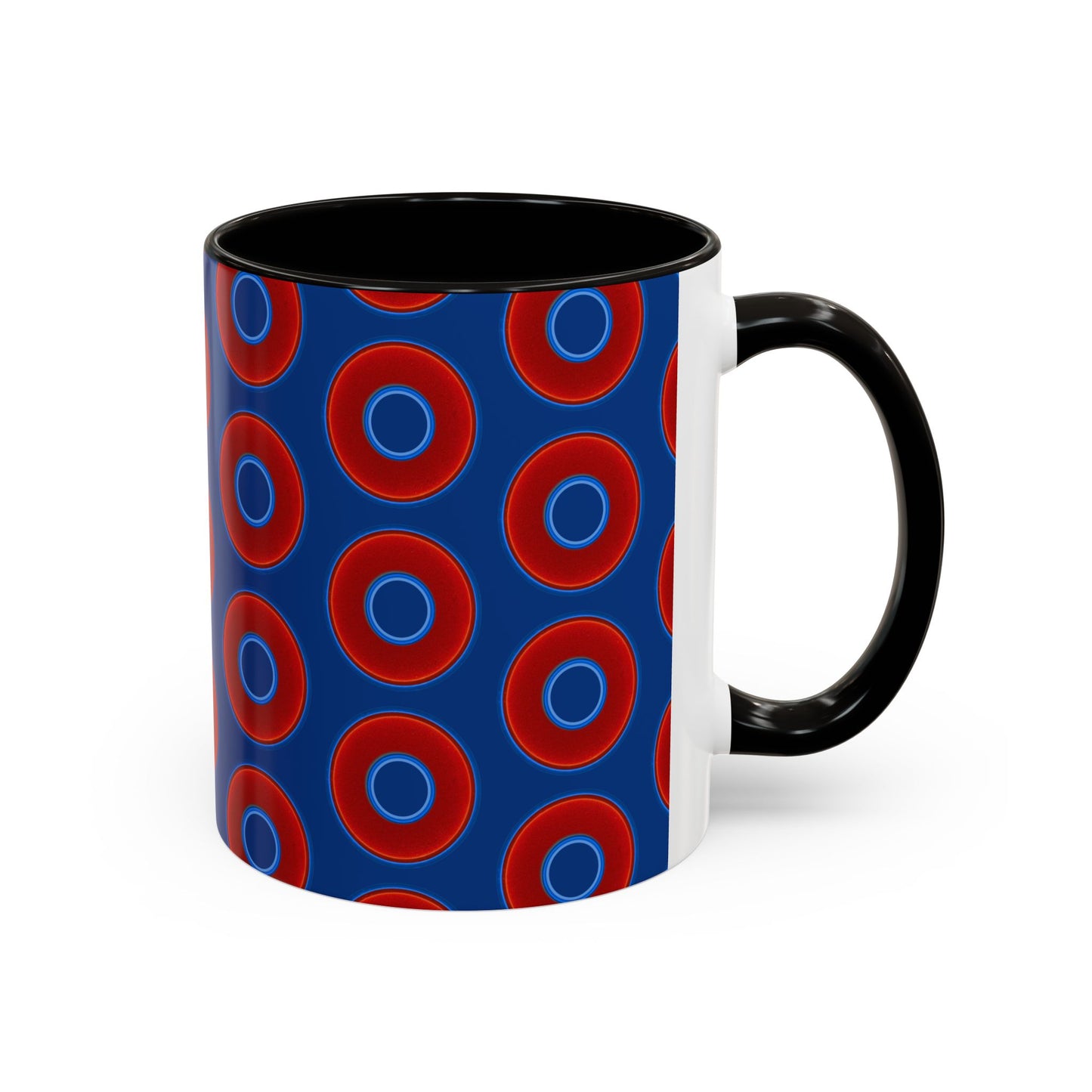 Lump's Grumpy Coffee Mug - vivid red donuts w/dark blue background