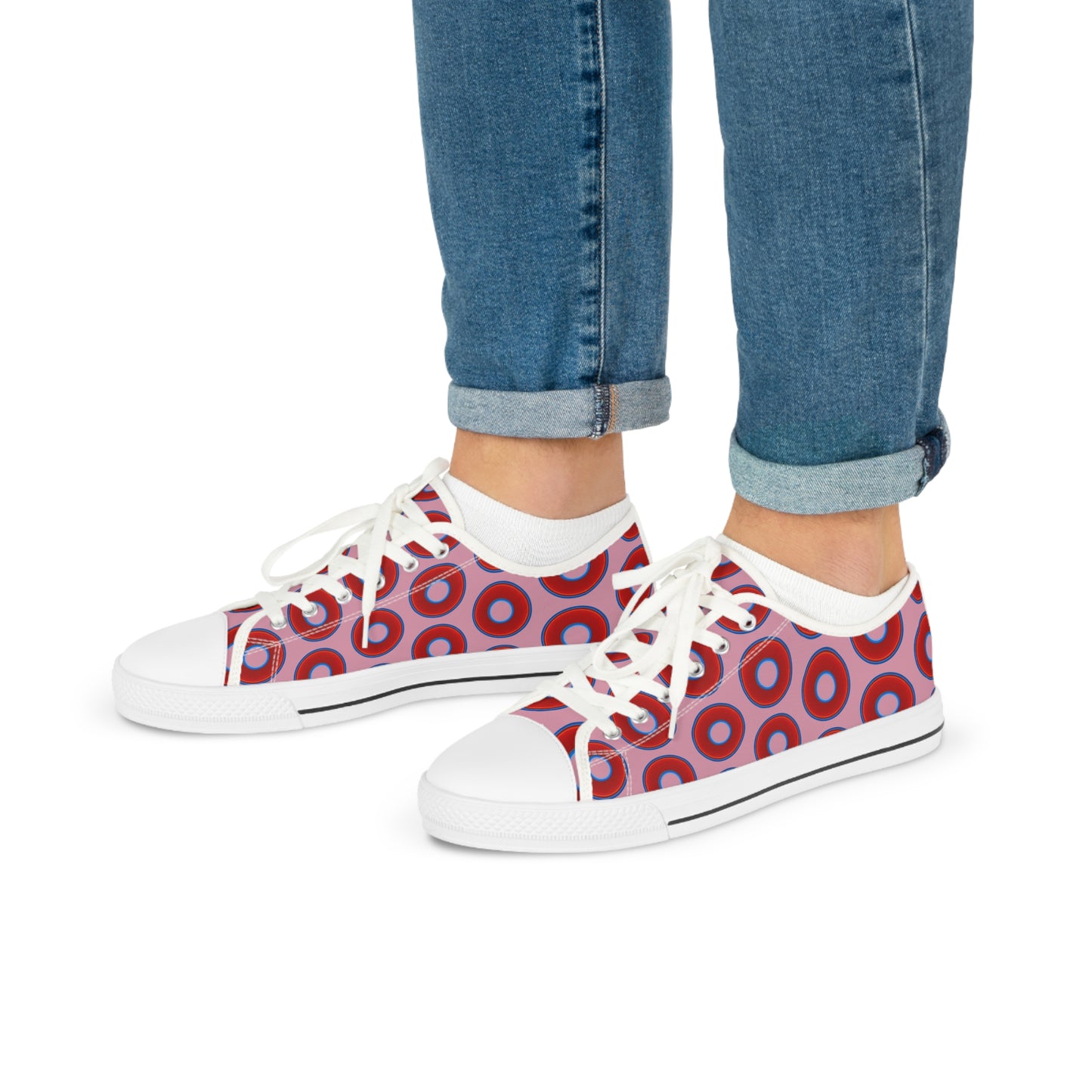 Men's - Low Top Chuck Taylors - large vivid red donut print w/pale magenta background