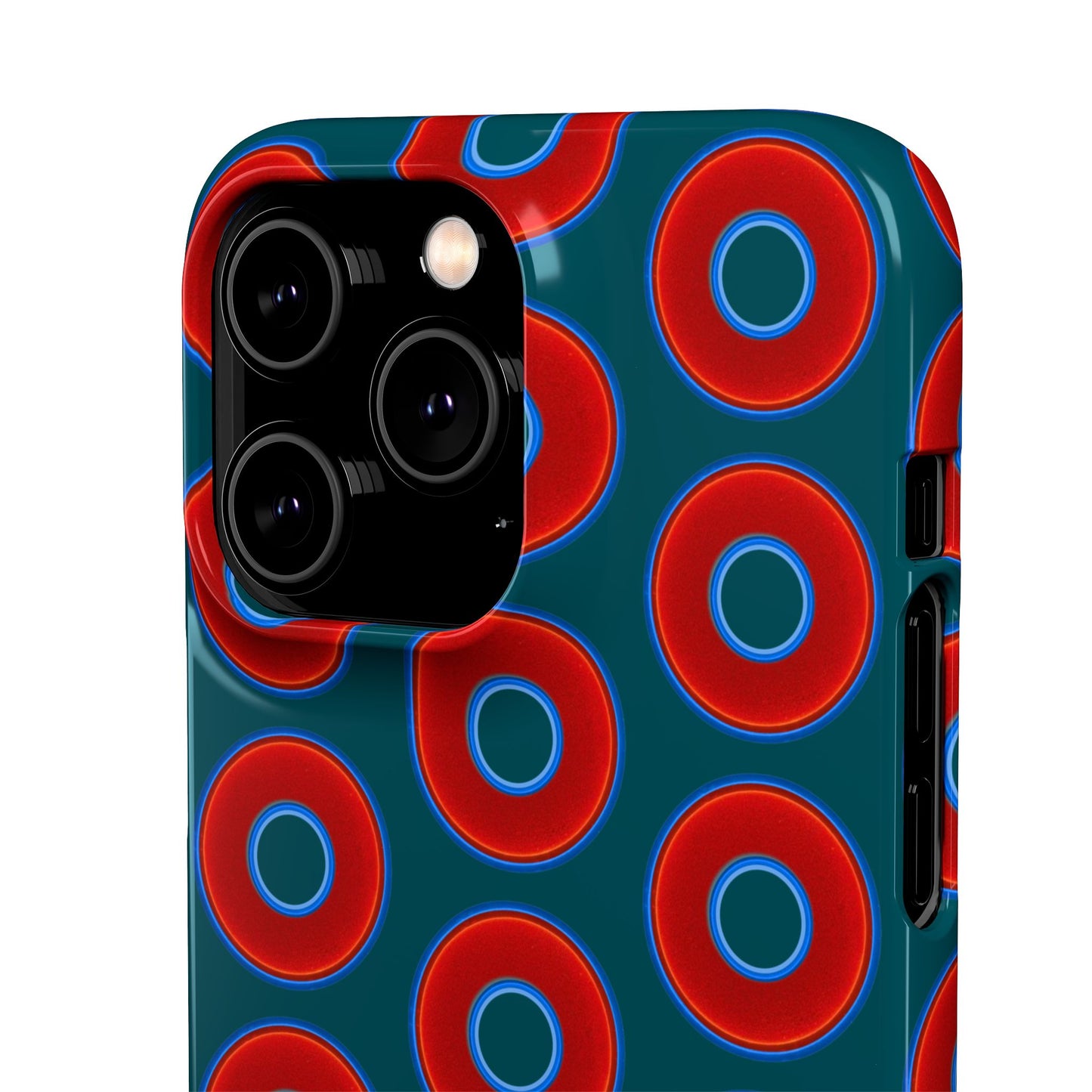 Lumpy Donut Snap Case - red vivid donut print w/midnight teal green background