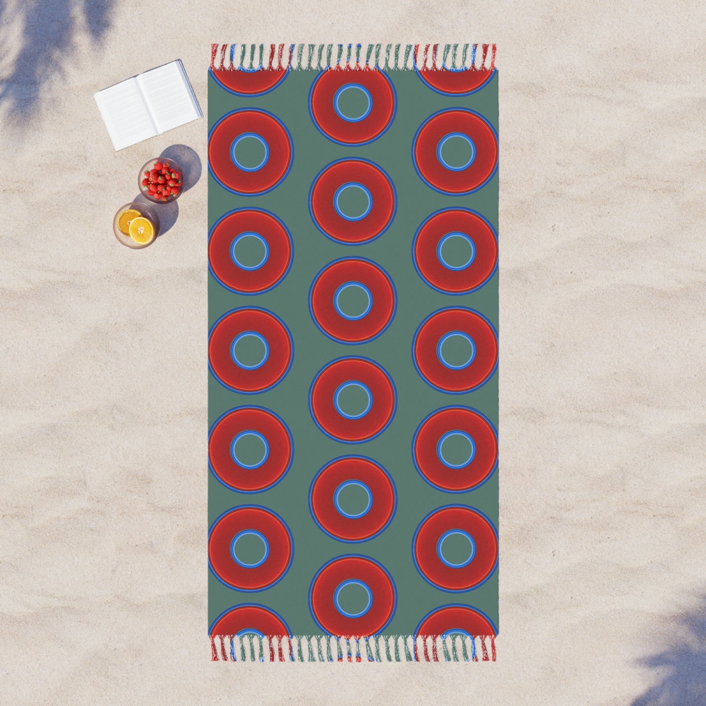 Oversized Lumpy Beach Towel - vivid red donuts w/Fenway green background
