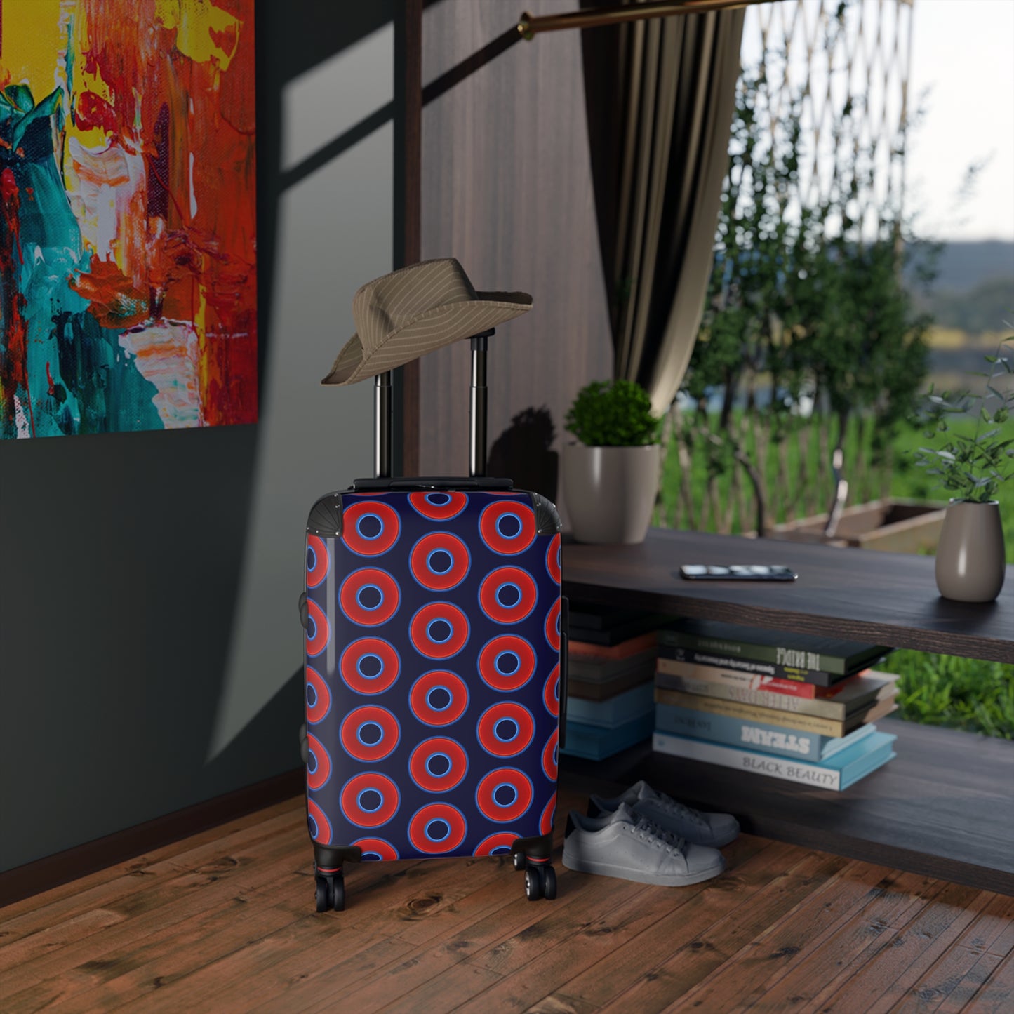 The Very Lumpy Donut Suitcase series - your choice of S, M or L - vivid red donut print w/midnight blue background