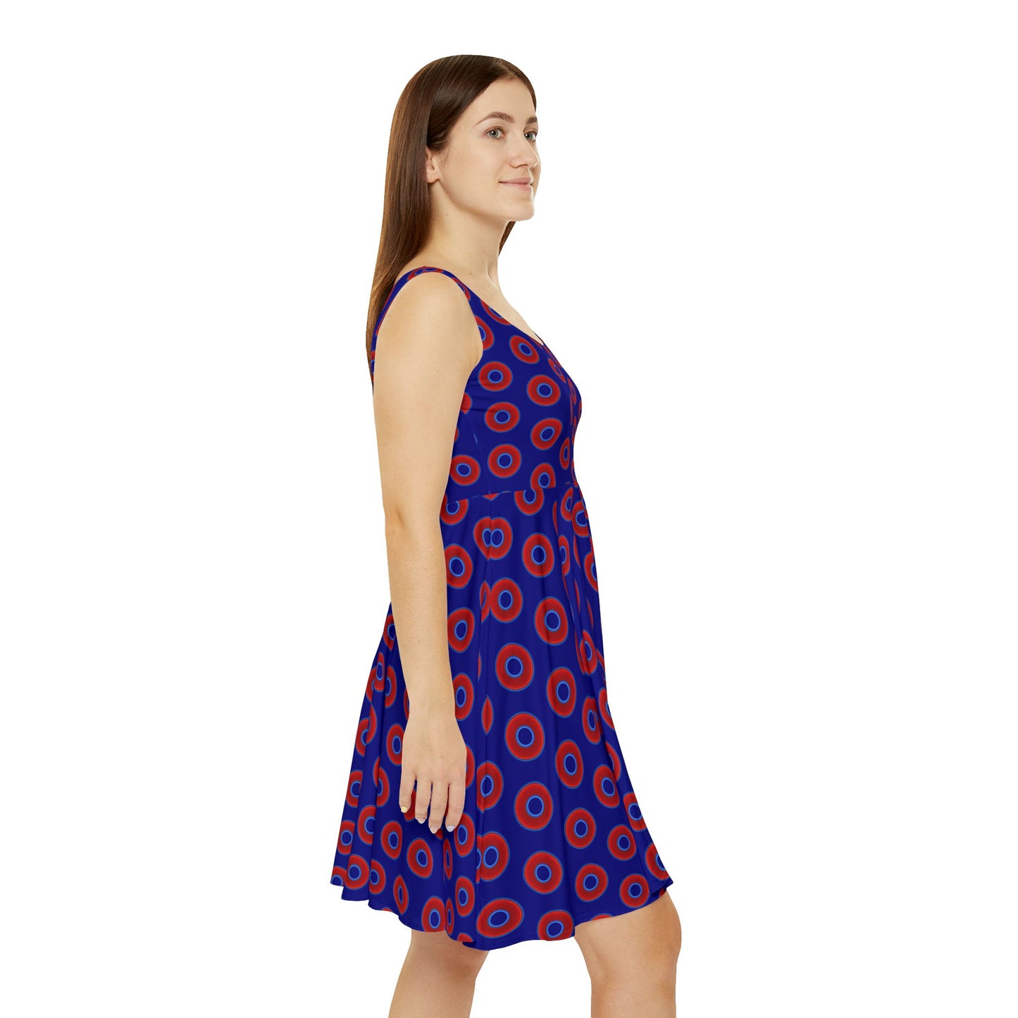 Women's Skater Donut Dress - vivid red donut print w/vivid navy blue background
