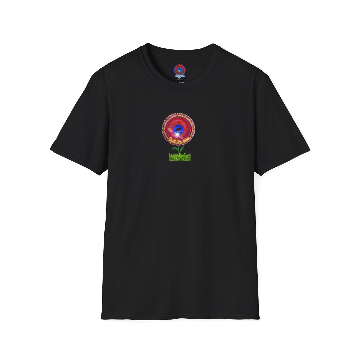 Classic Donut Tee - Unisex Soft-Style - "Smell the Donuts Outside on my Lawn"  " variant 2 - blue donut on red donut/flower